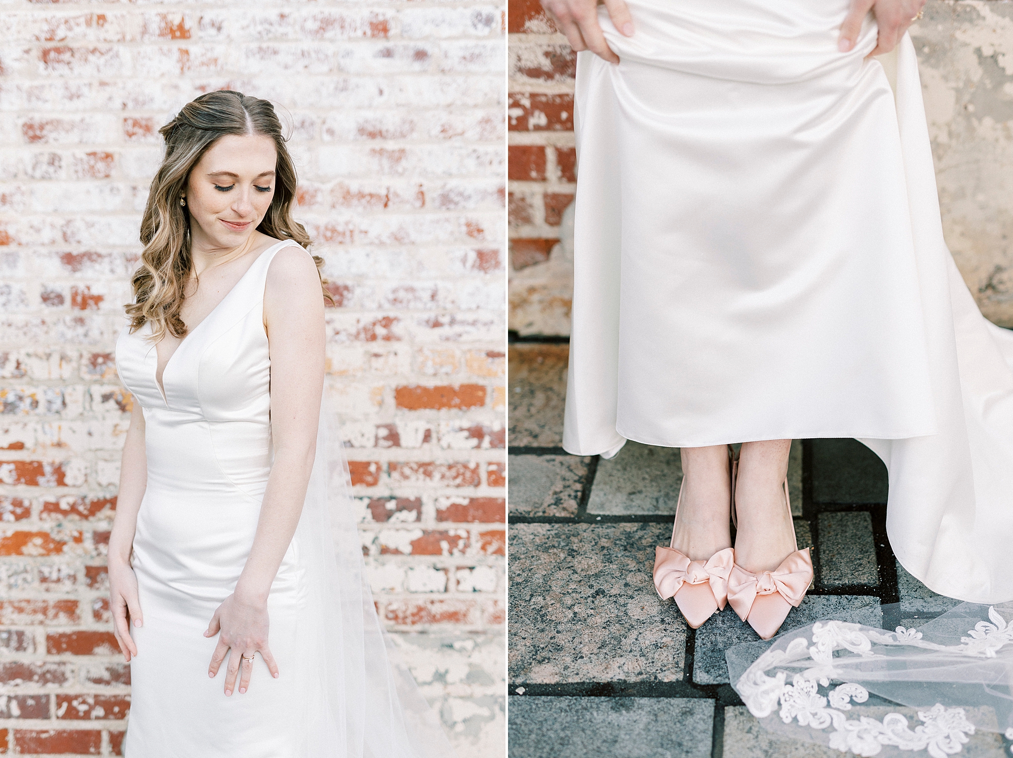 bride lifts wedding dress skirt to show off pink shoes 