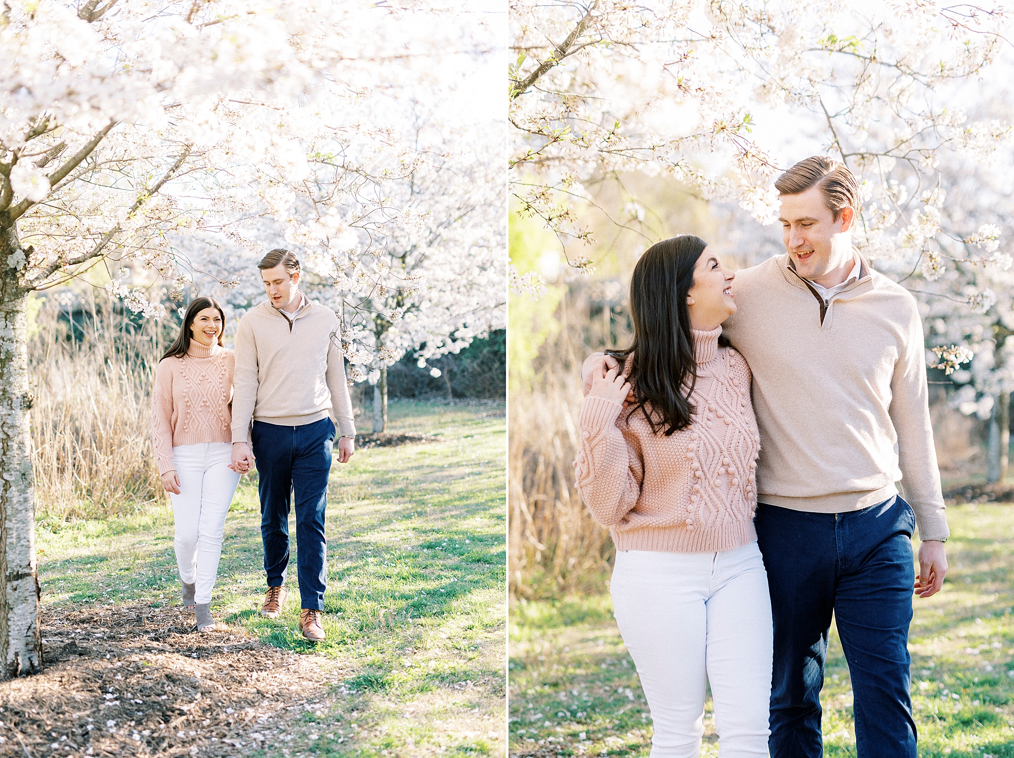 engaged couples walks under pink tree branches in North Carolina 