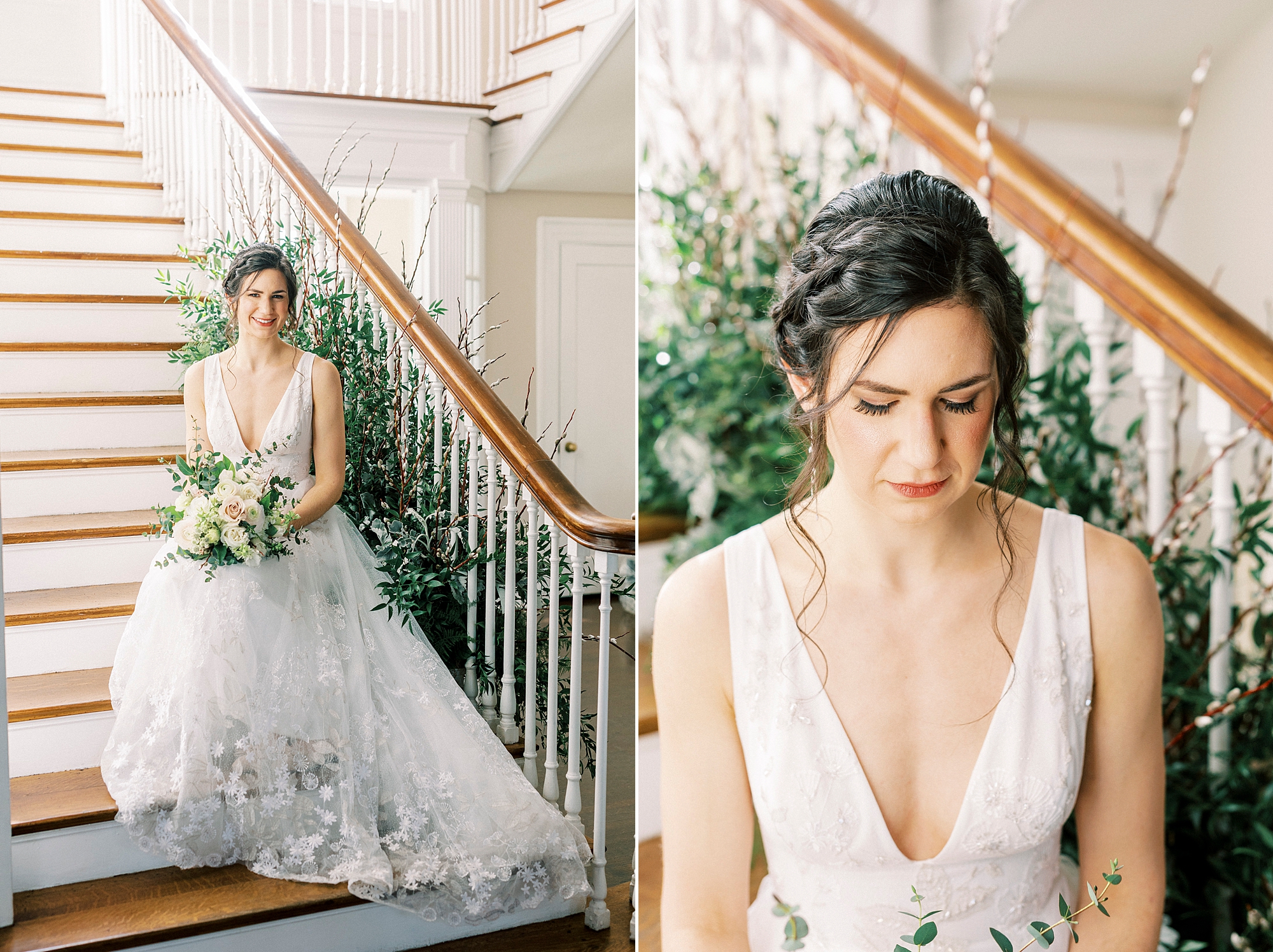 bride sits on steps of Separk Mansion with v-neck dress