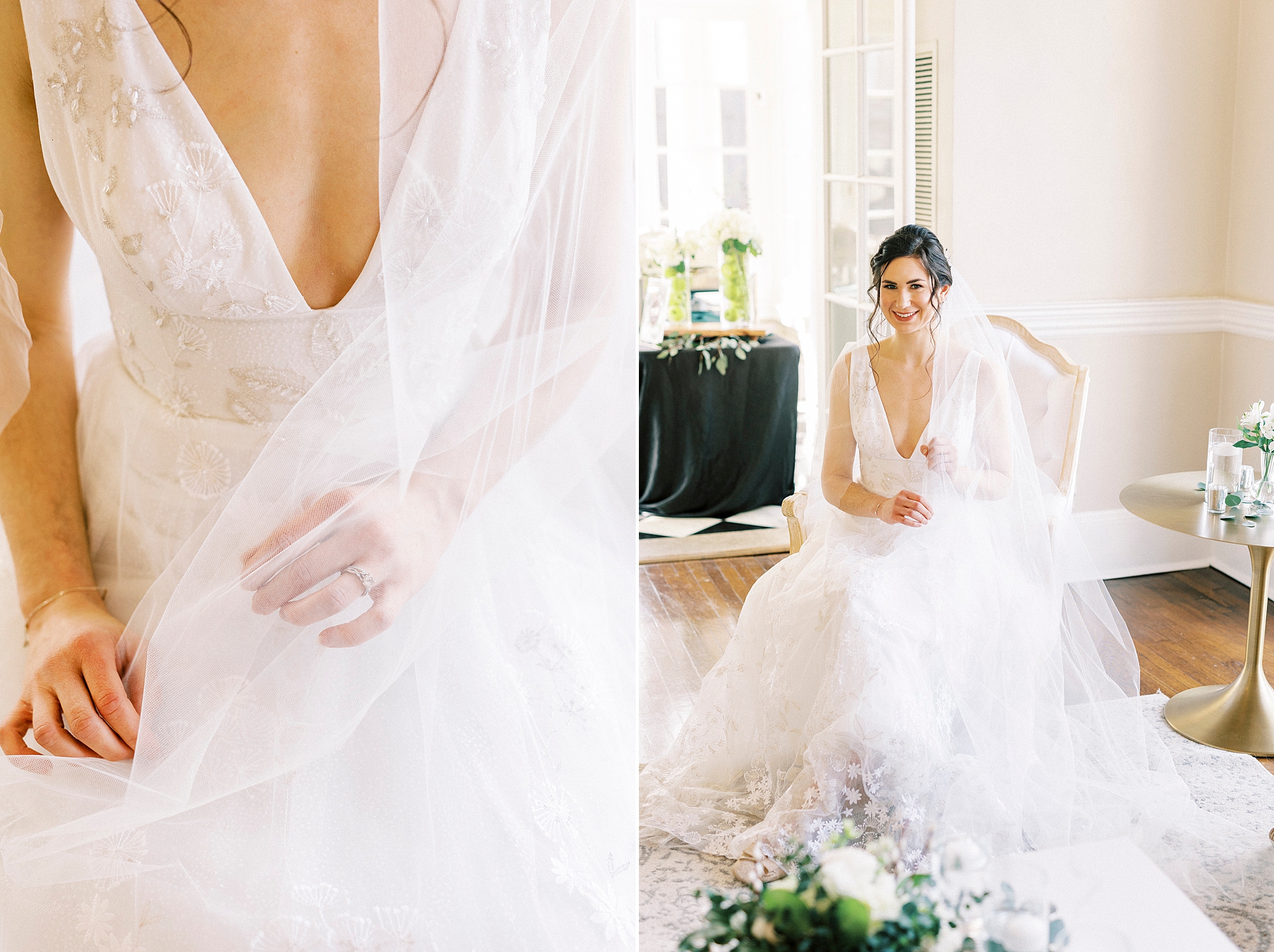 bride pulls veil around her in lobby at Separk Mansion