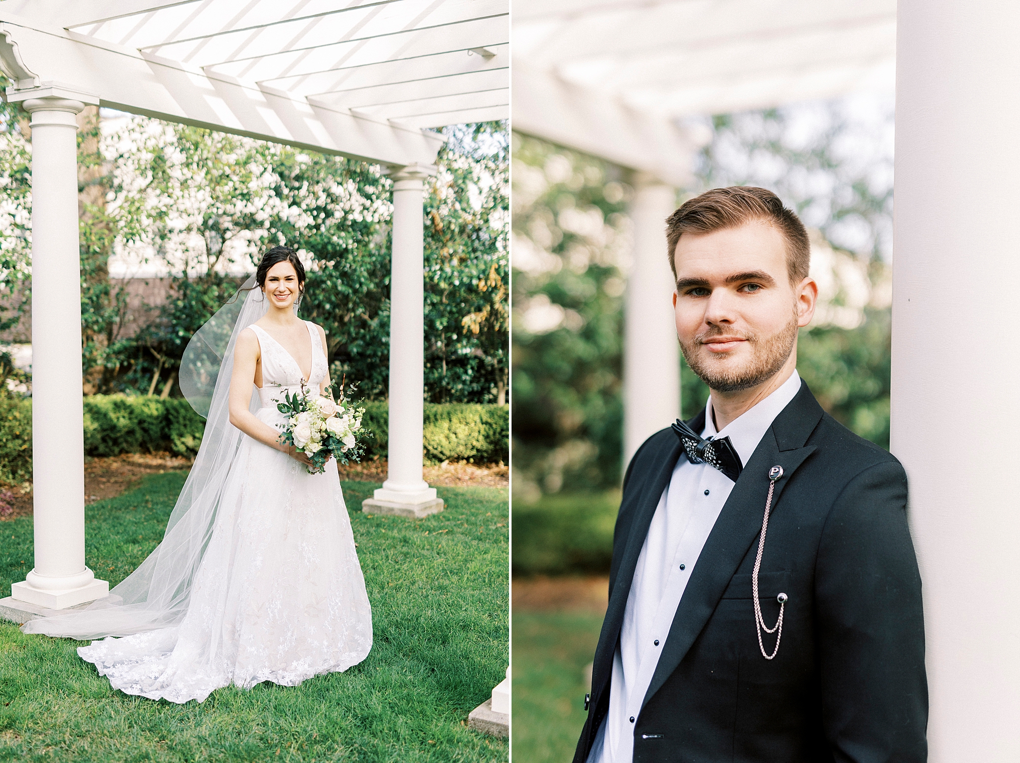 bride and groom pose by white arbor at Separk Mansion