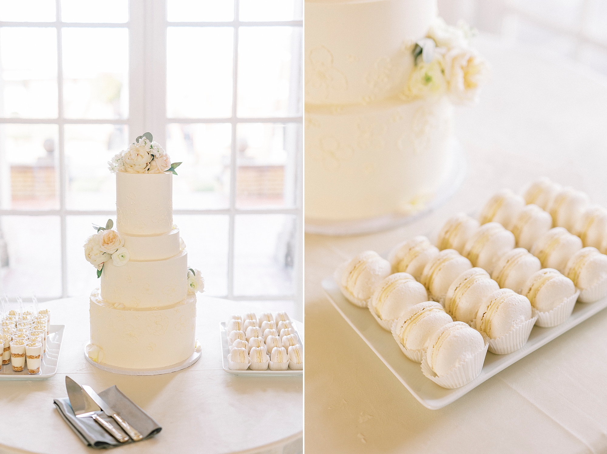 wedding cake and ivory macaroons 
