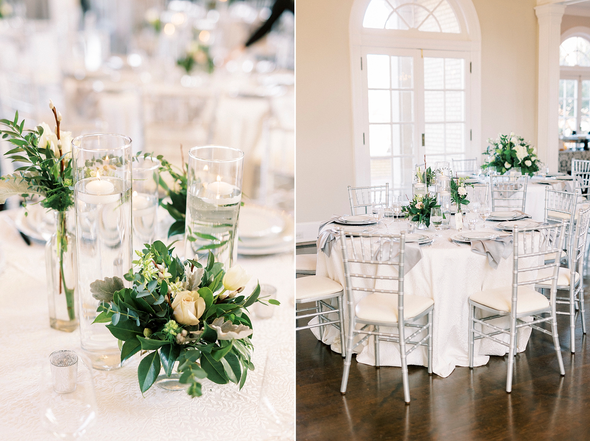 tables with green and white rose centerpieces 