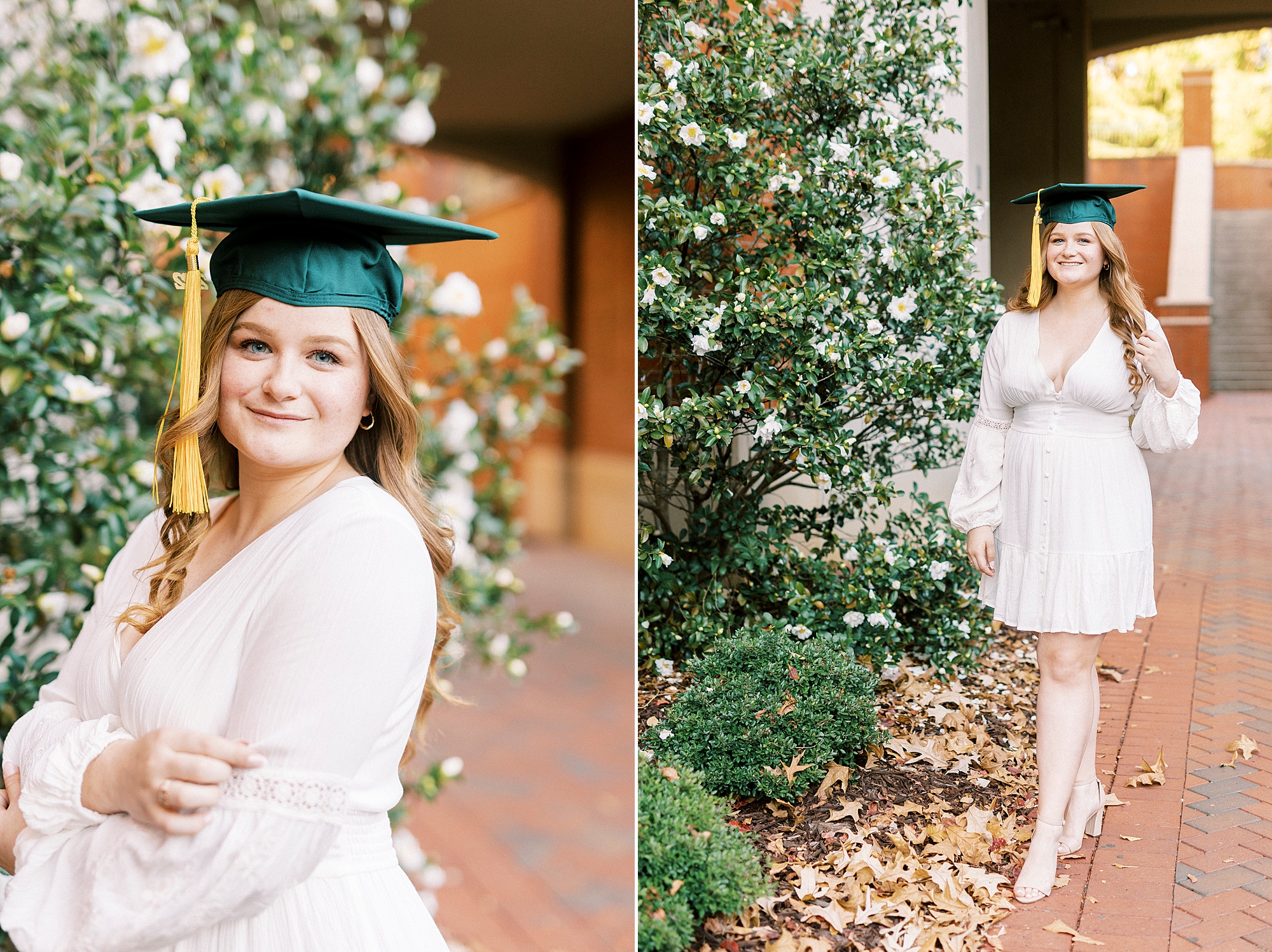 woman poses in white dress with green cap during UNC Charlotte senior portraits 