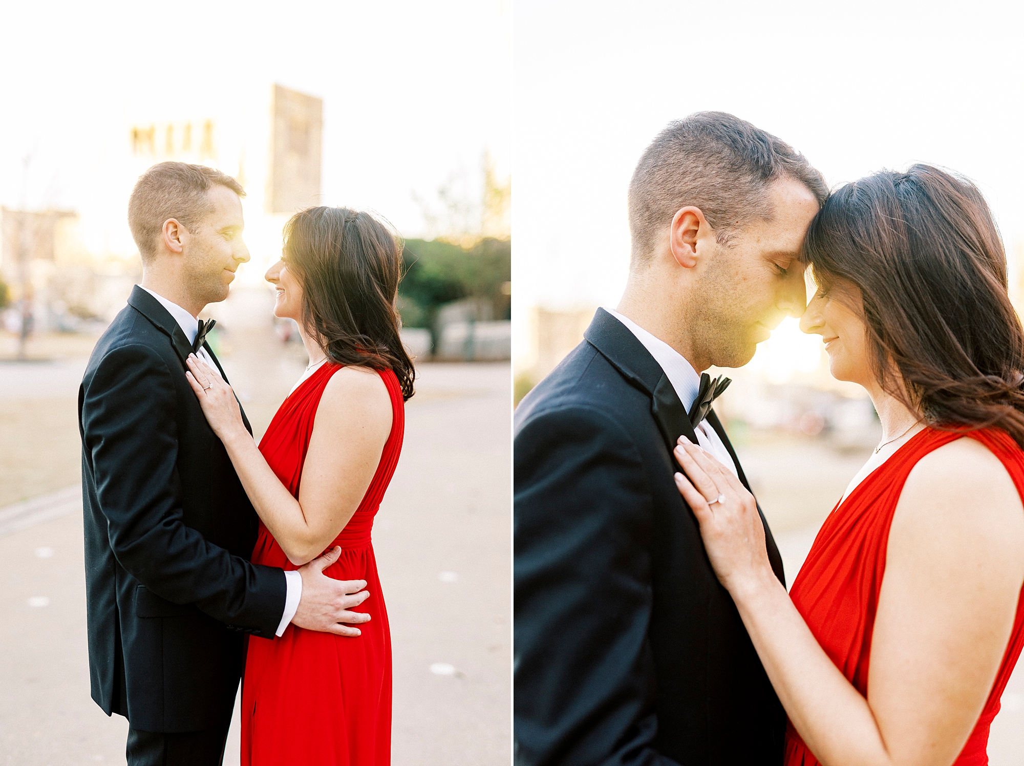 engaged couple leans together during sunset Uptown Charlotte engagement portraits