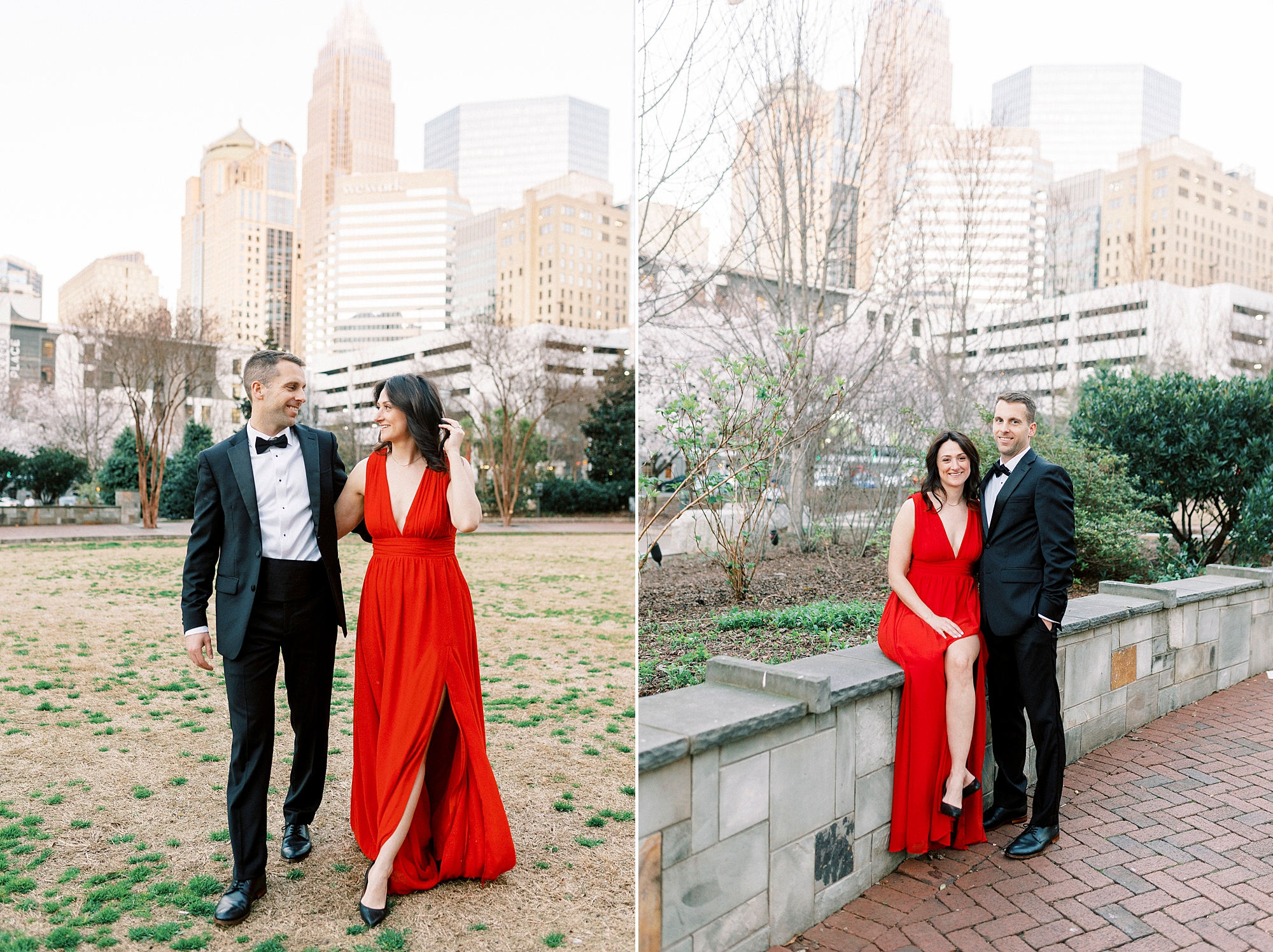 engaged copule poses near waterfall in Romare Bearden Park