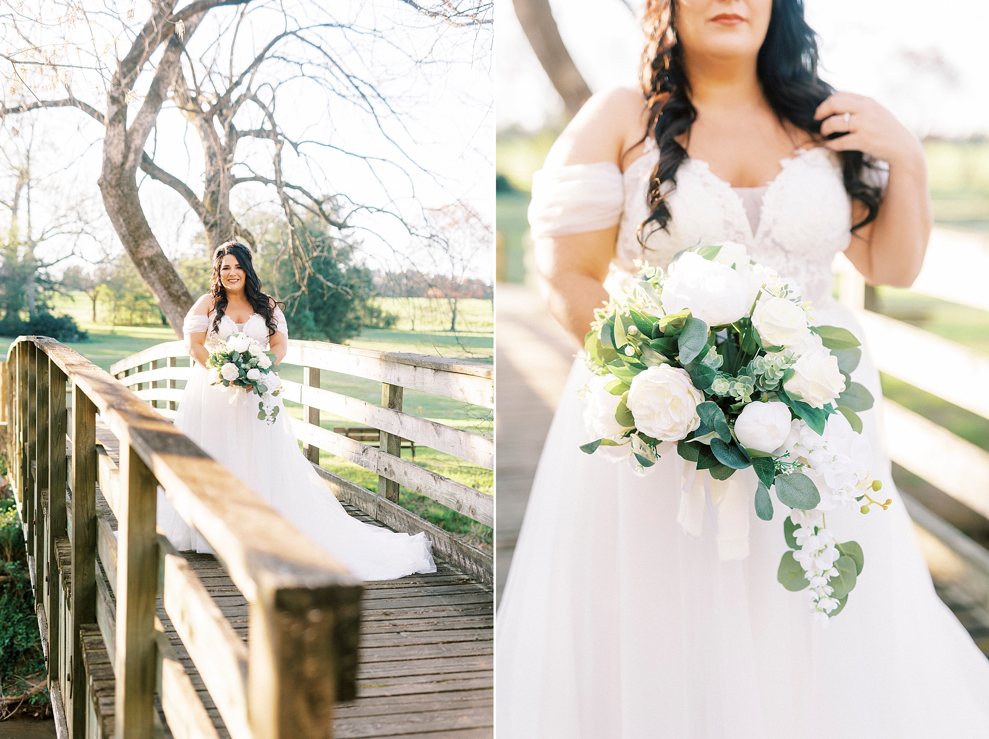 bride poses on wooden bridge in off-the-shoulder wedding gown 