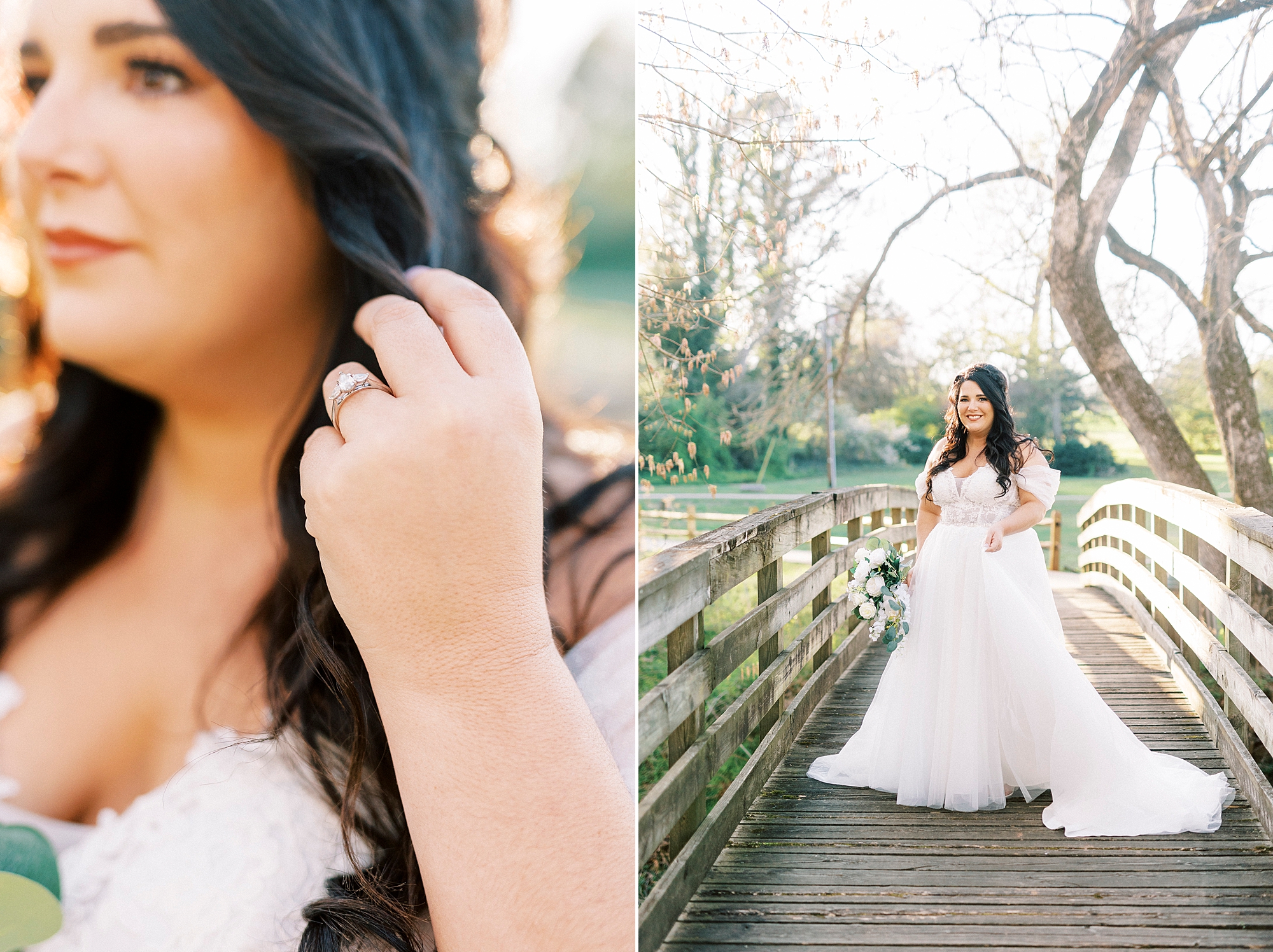 bride with brown hair walks on wooden bridge in Sloan Park