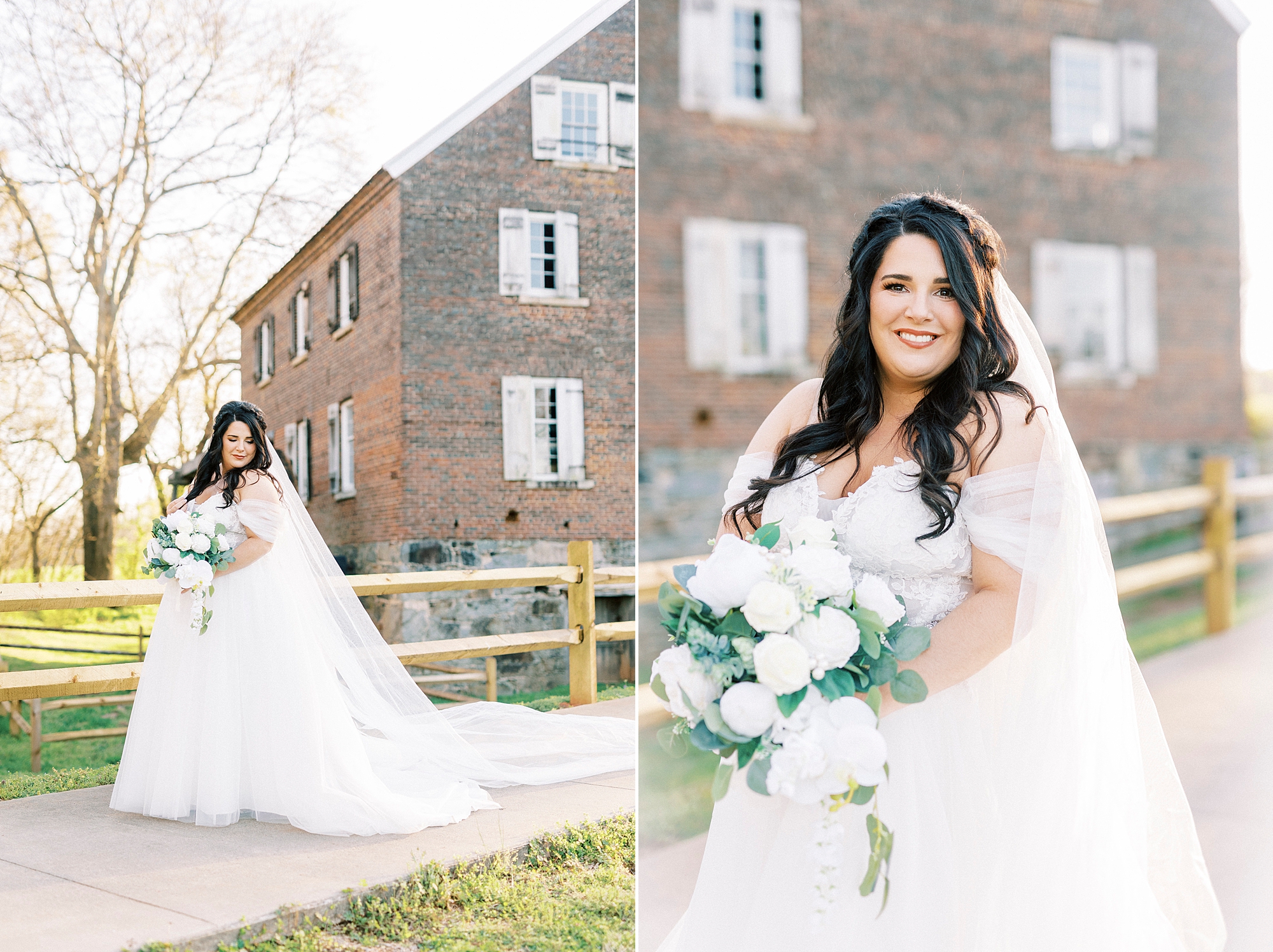 Sloan Park bridal portraits by brick building and wooden fence 