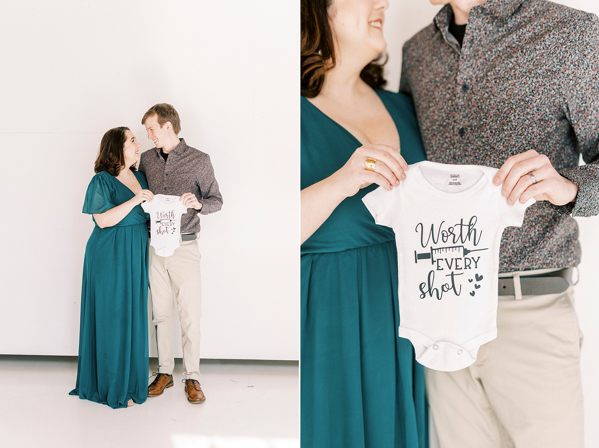 expecting parents hold IVF inspired onesie for baby during studio pregnancy announcement in Concord NC