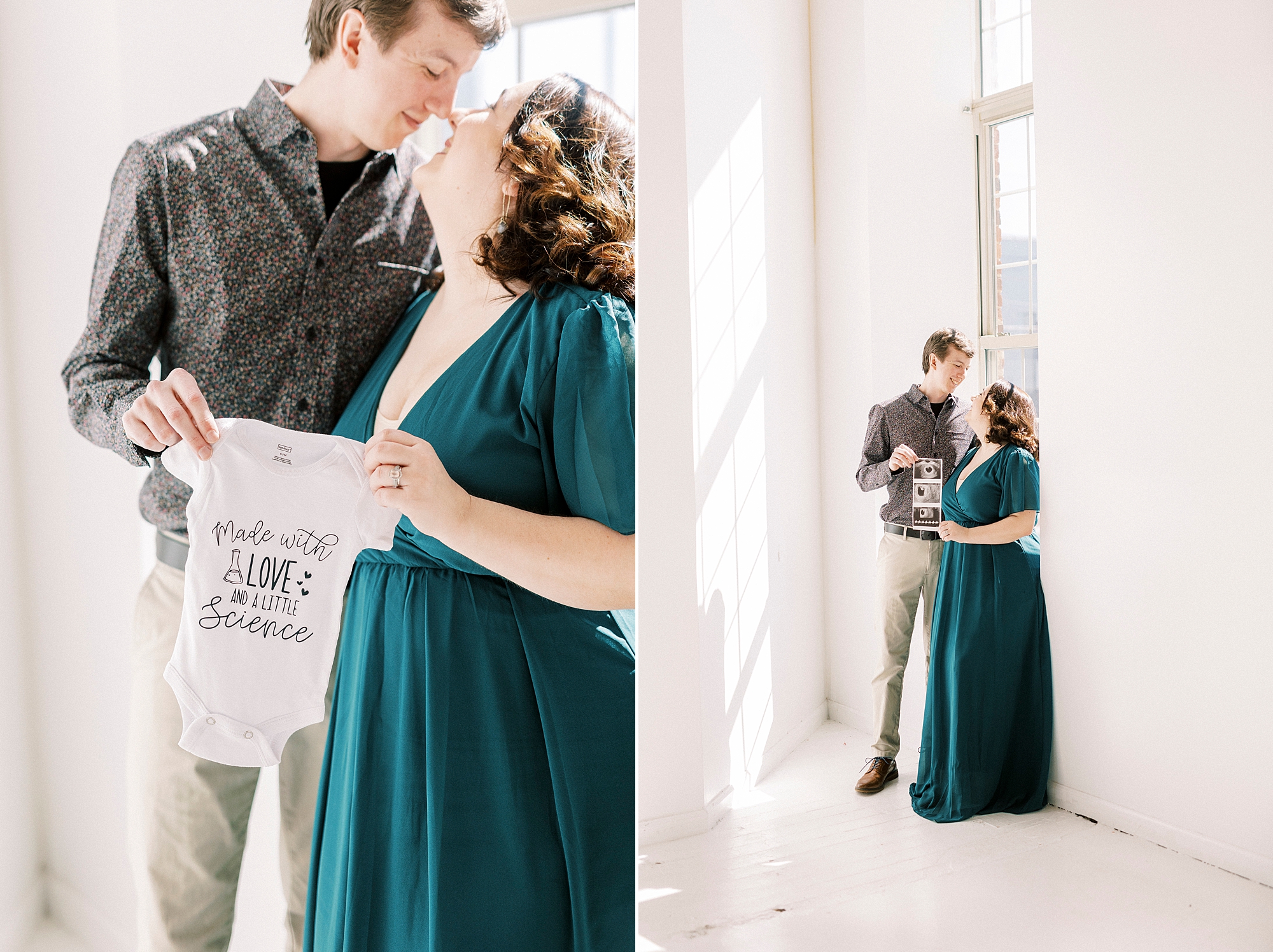 couple kisses in window of Concord studio during pregnancy announcement