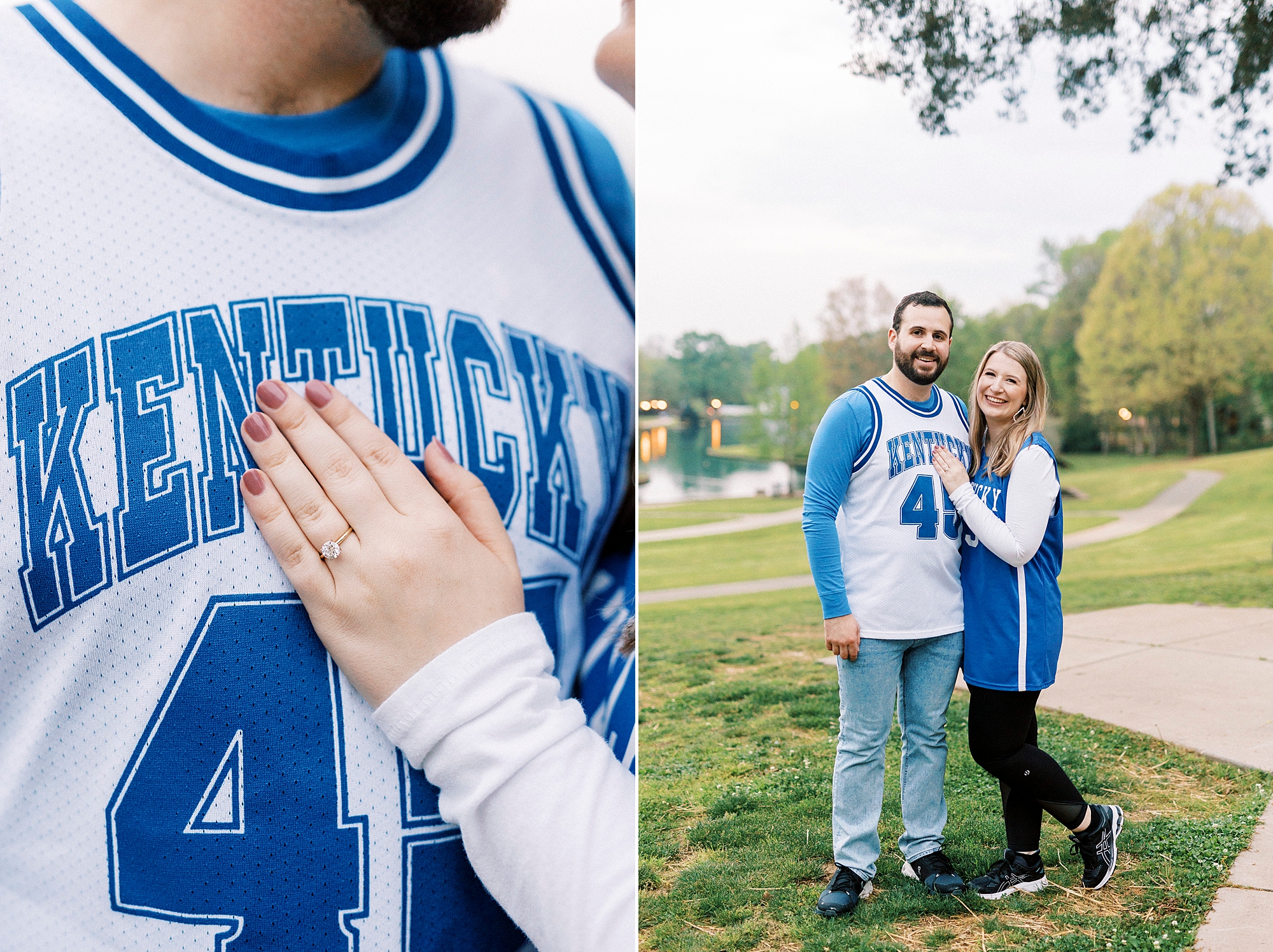 engaged couple stands together in matching Kentucky jerseys with bride showing off hand on his chest 