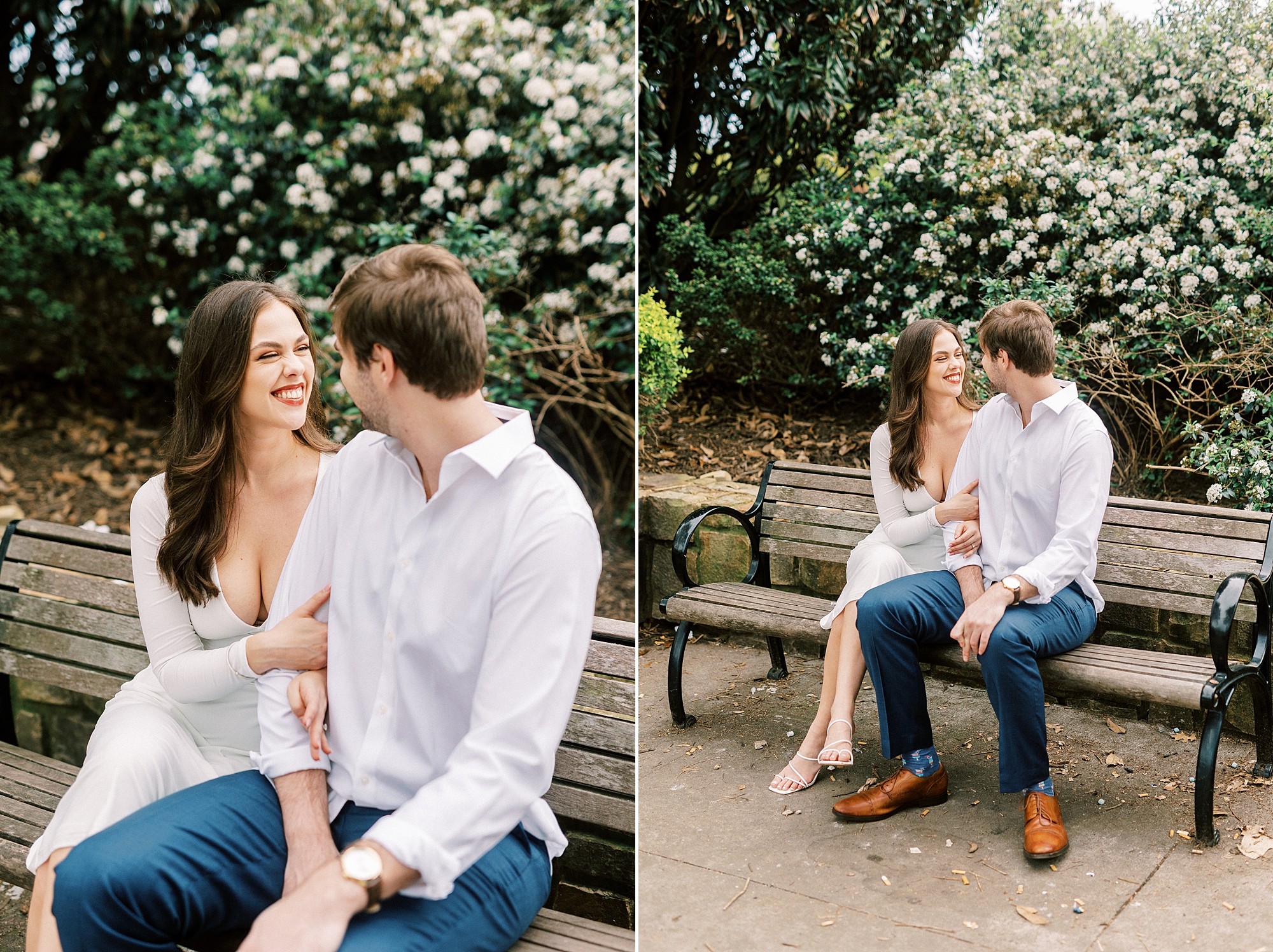 engaged couple sits on wooden bench in Midtown Park