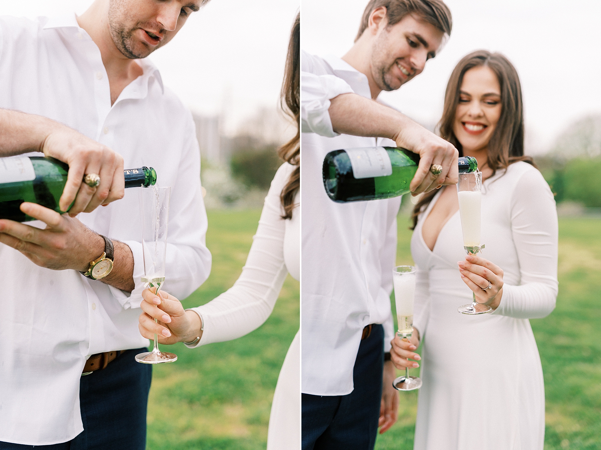 engaged couple pours champagne in Midtown Park