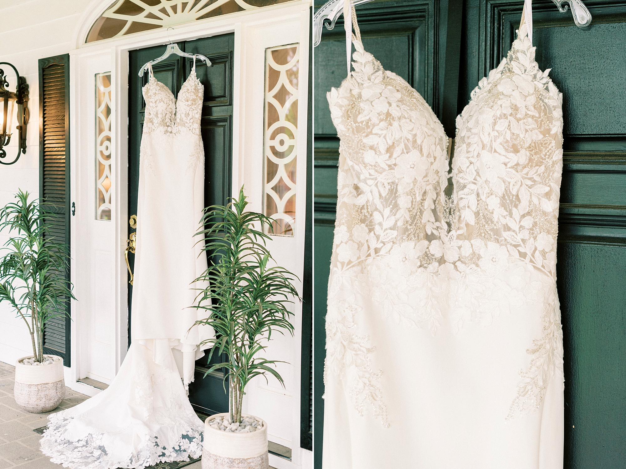 wedding dress with lace bodice hangs on green door at The Saratoga Springs