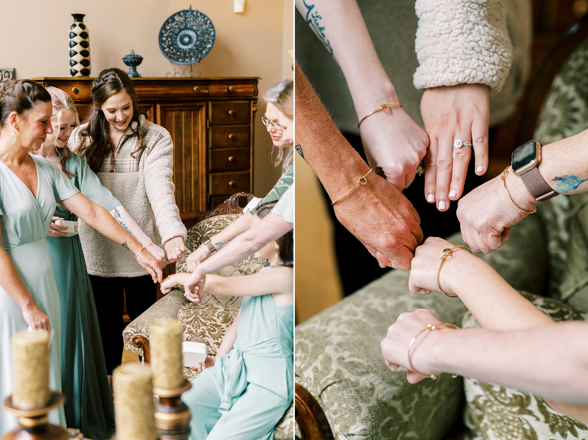 bride, sisters, and mother show off pearl bracelets 