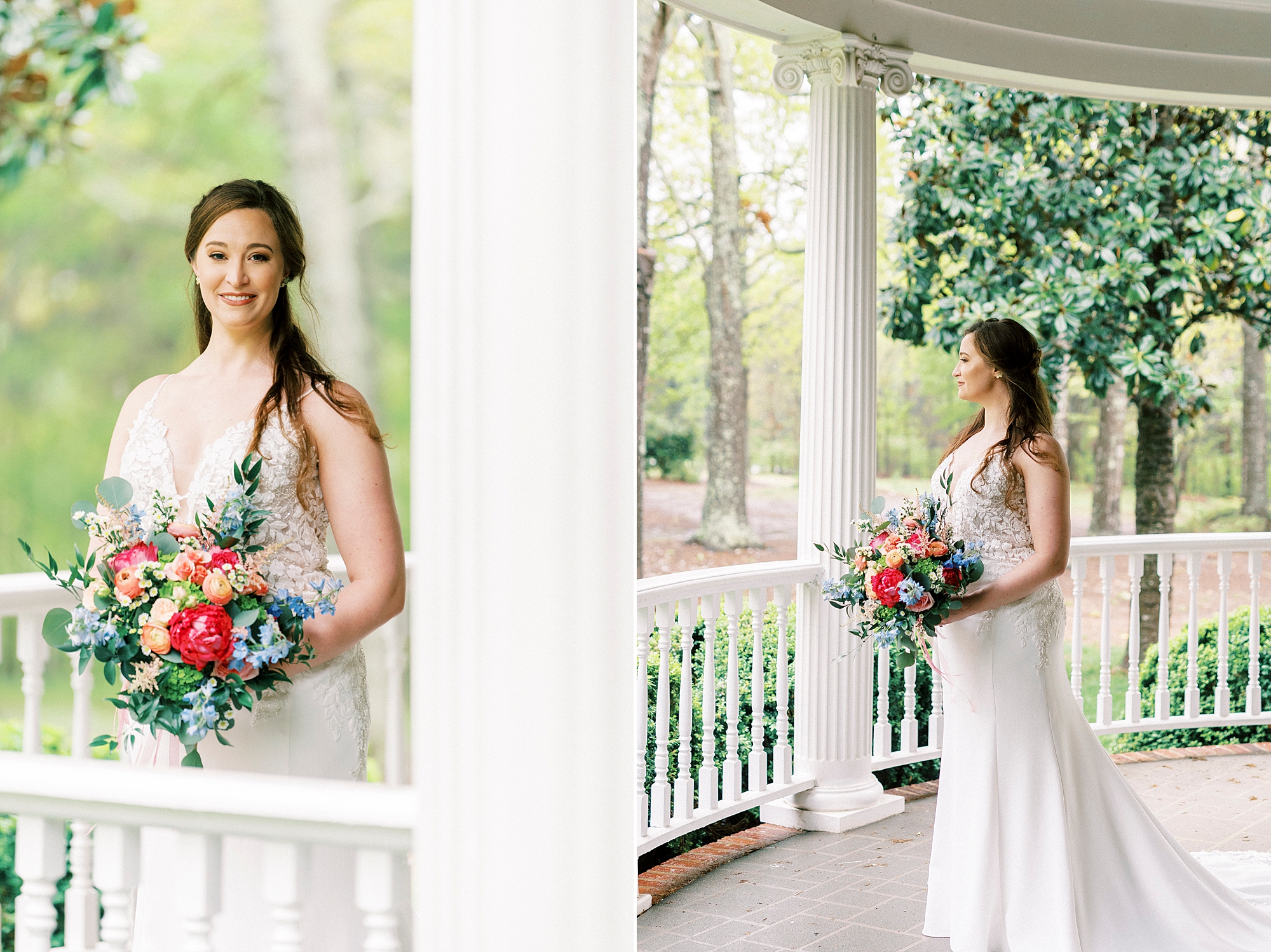 bride holds bright bouquet on porch at The Saratoga Springs