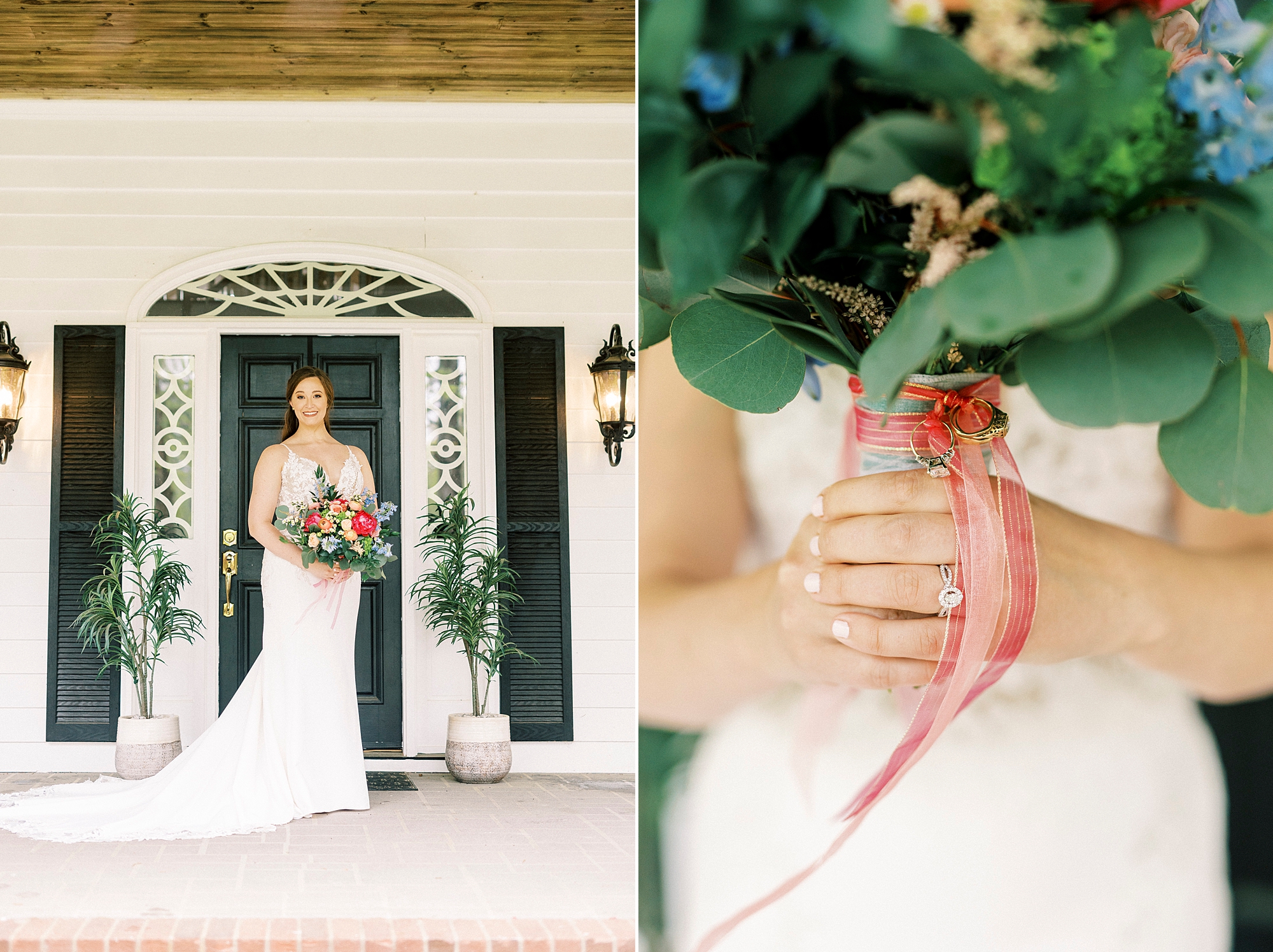 bride holds bouquet with greenery and red ribbon 