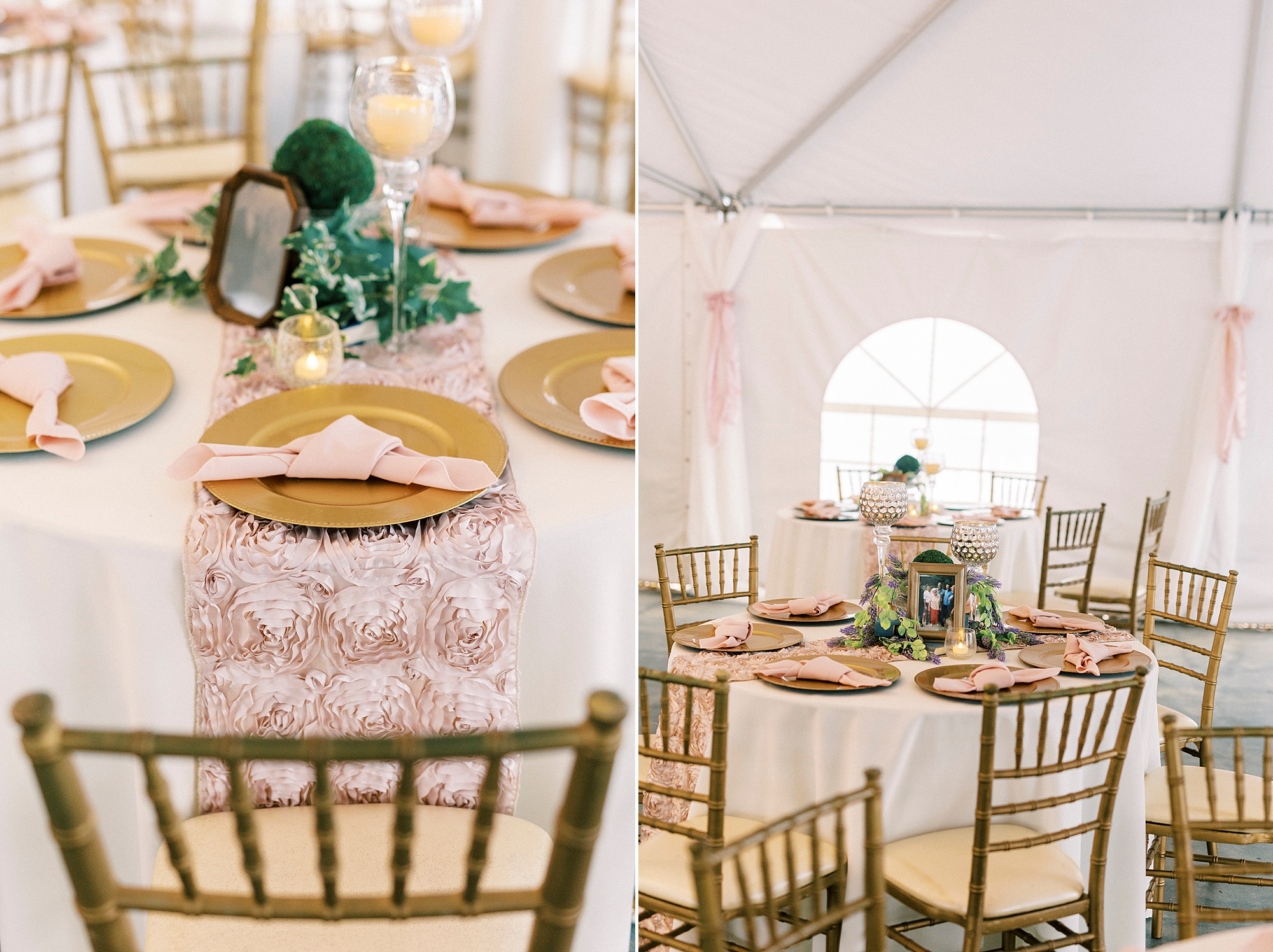 tented wedding reception with lace table runner and green centerpieces 