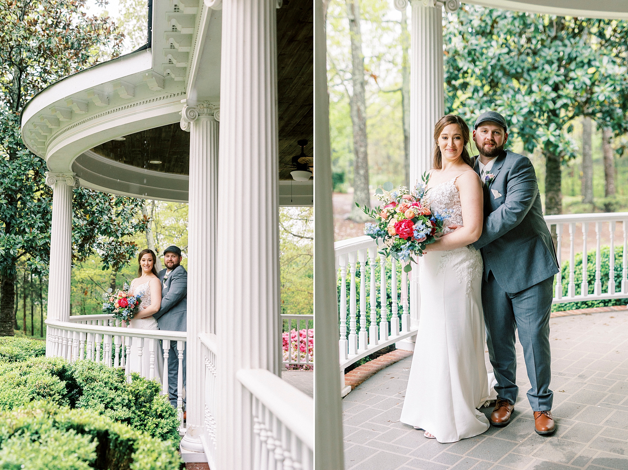 groom in grey suit hugs bride from behind on porch at The Saratoga Springs
