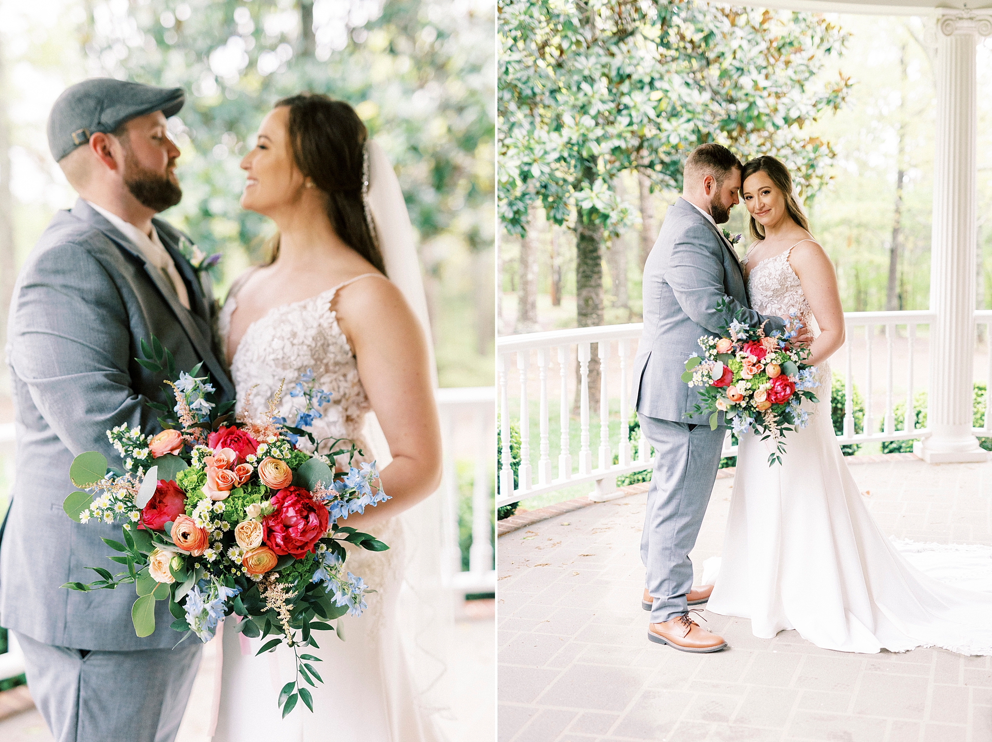 bride and groom hug on porch with bright flowers at The Saratoga Springs