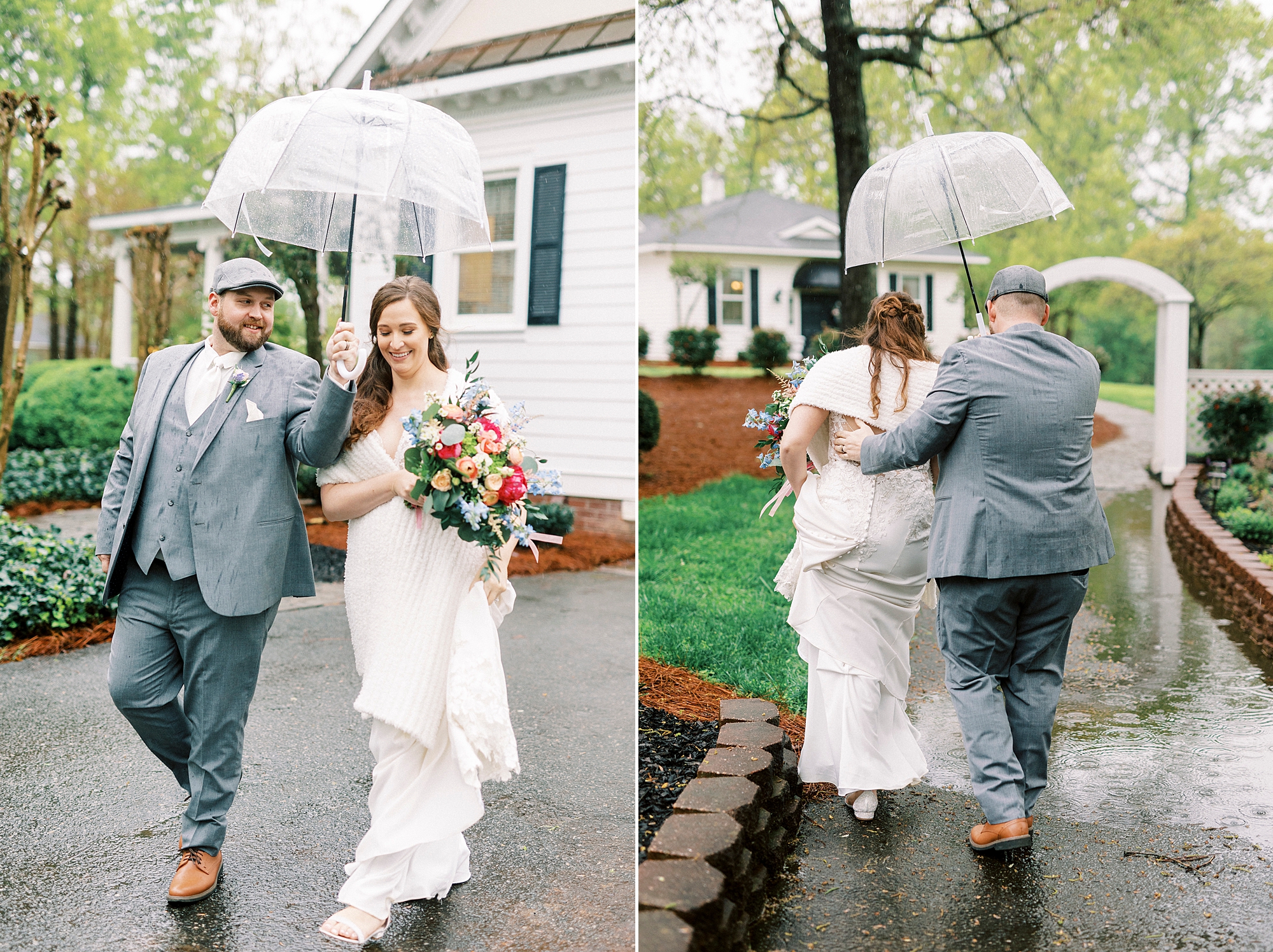 bride and groom walk under clear umbrella in Charlotte NC