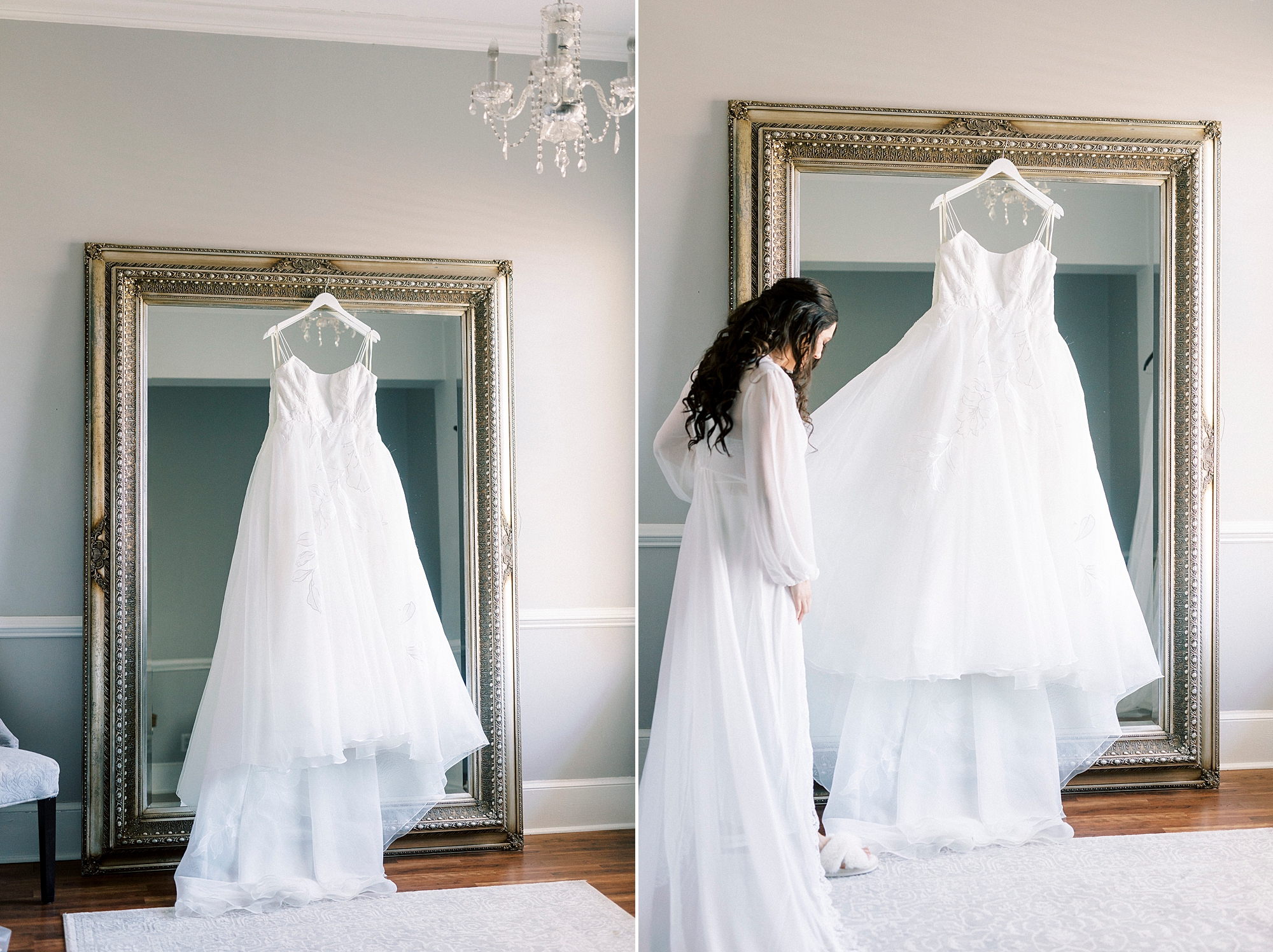 bride looks at wedding dress hanging on gold mirror at Separk Mansion