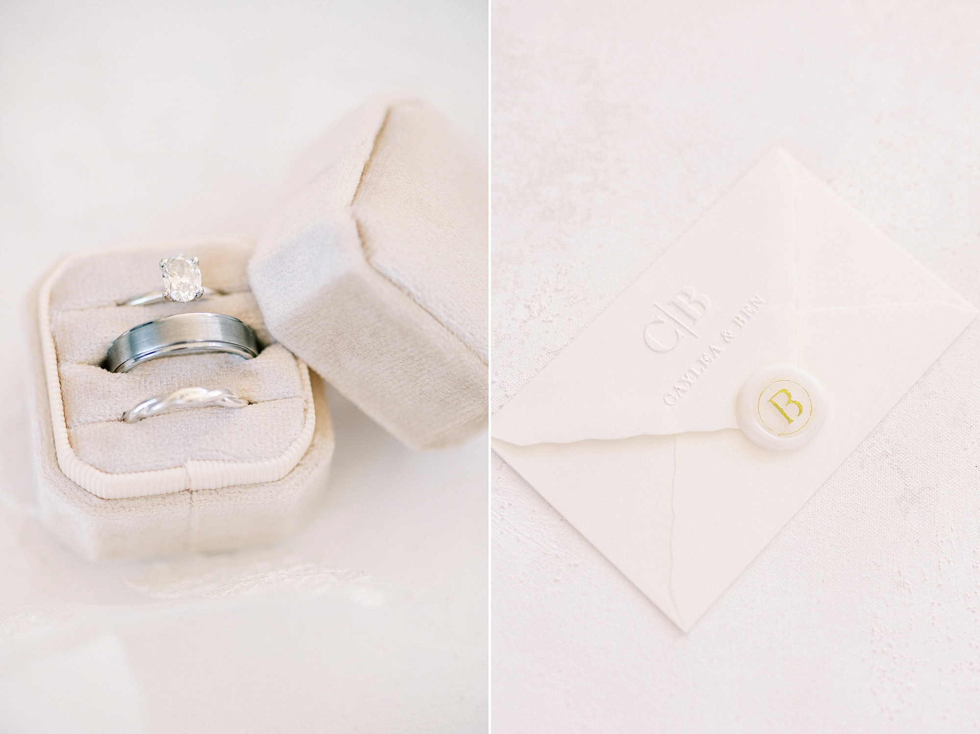 bride's rings in pale pink box with envelope and wax seal 