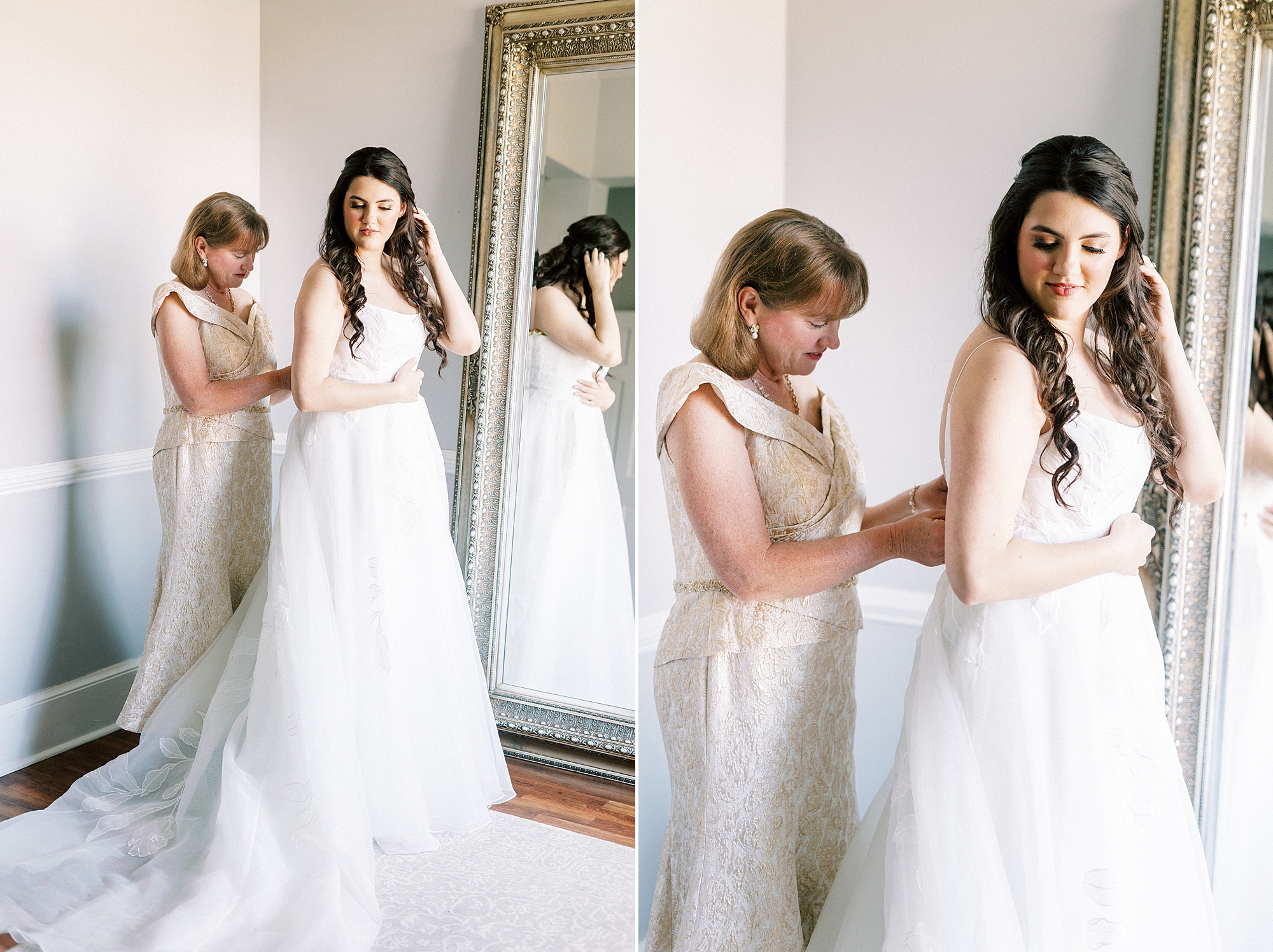 mother helps bride into wedding dress in suite at Separk Mansion
