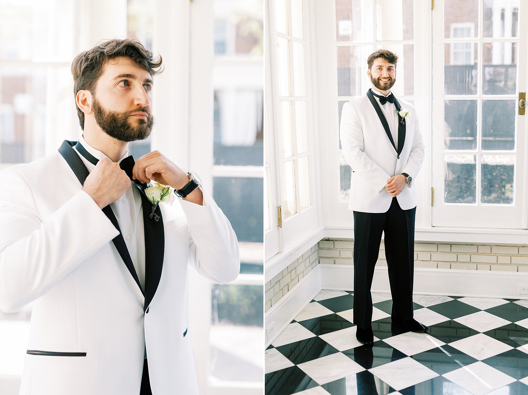 groom in white tux jacket stands in room with black and white floor at Separk Mansion