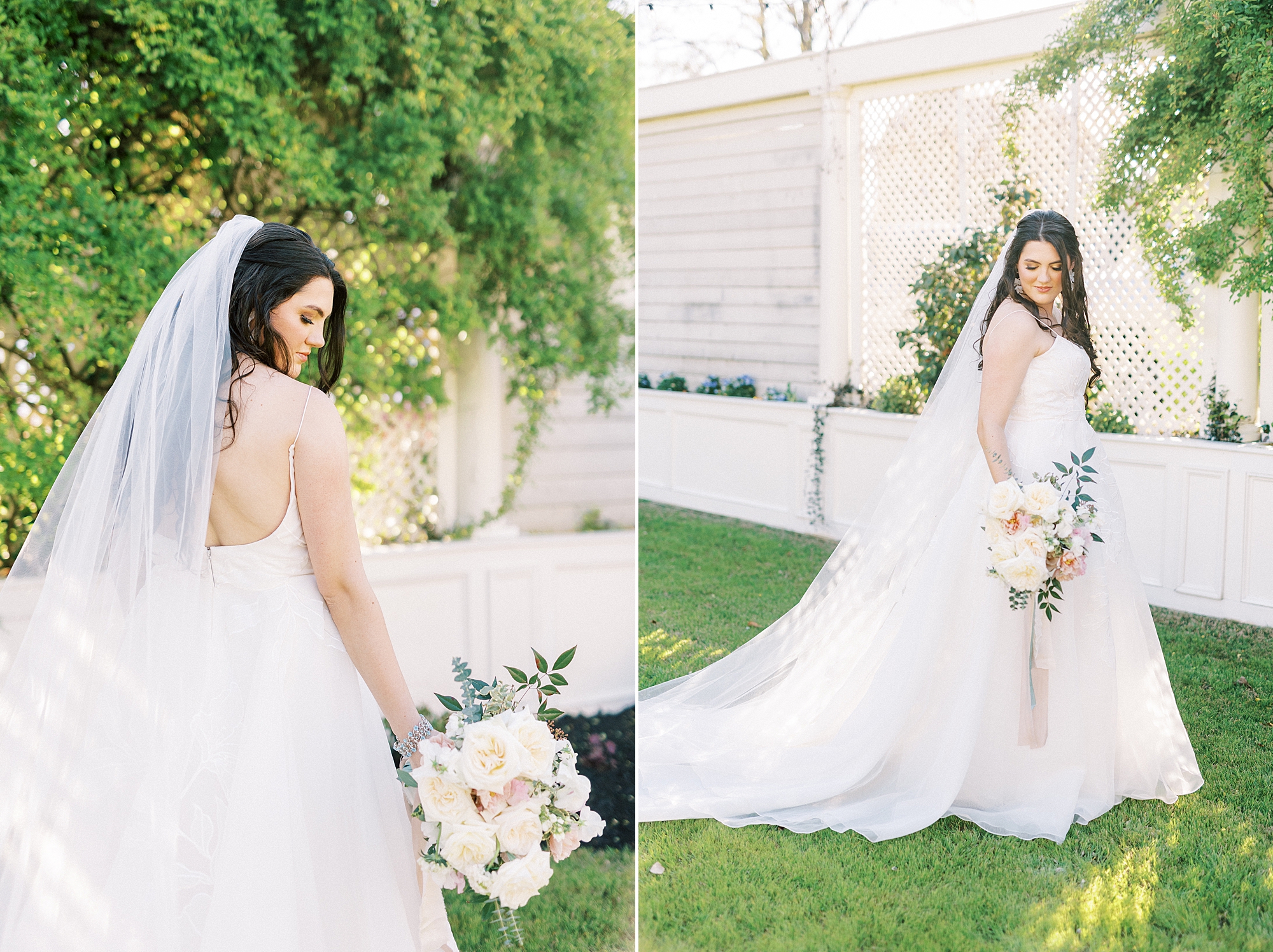 bride looks over shoulder down at bouquet during spring wedding photos at Separk Mansion