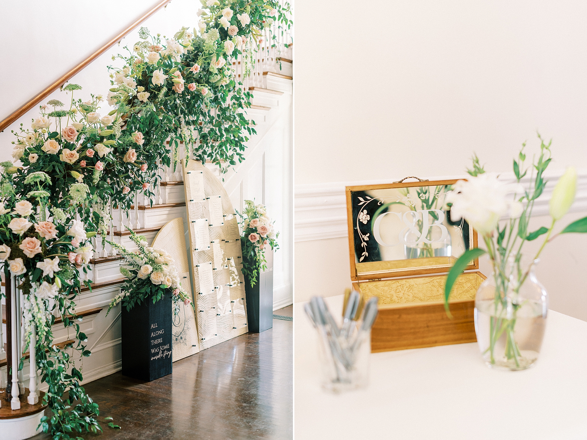 staircase in Separk Mansion covered in greenery and ivory roses