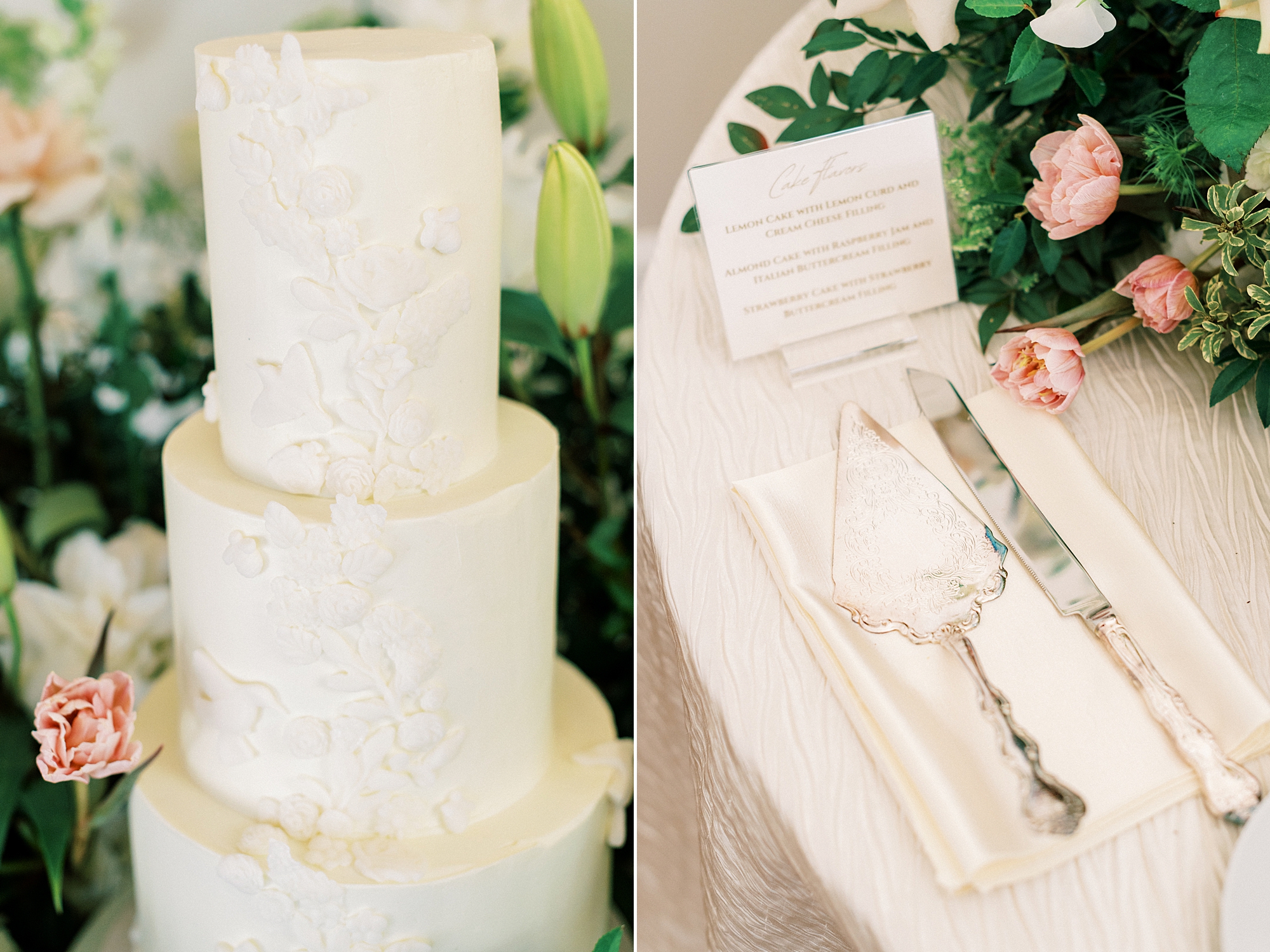 tiered wedding cake with cake serving knives 
