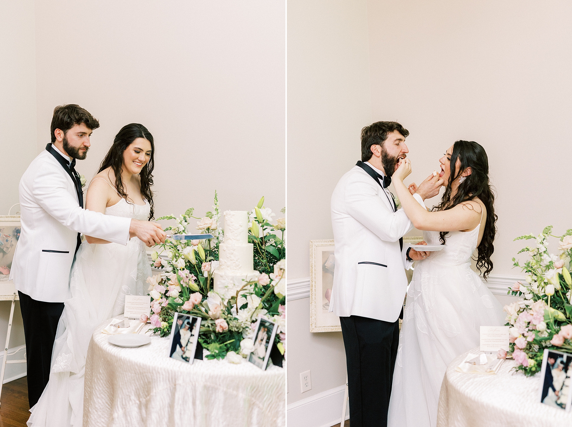 bride and groom cut wedding cake during spring Separk Mansion wedding reception 