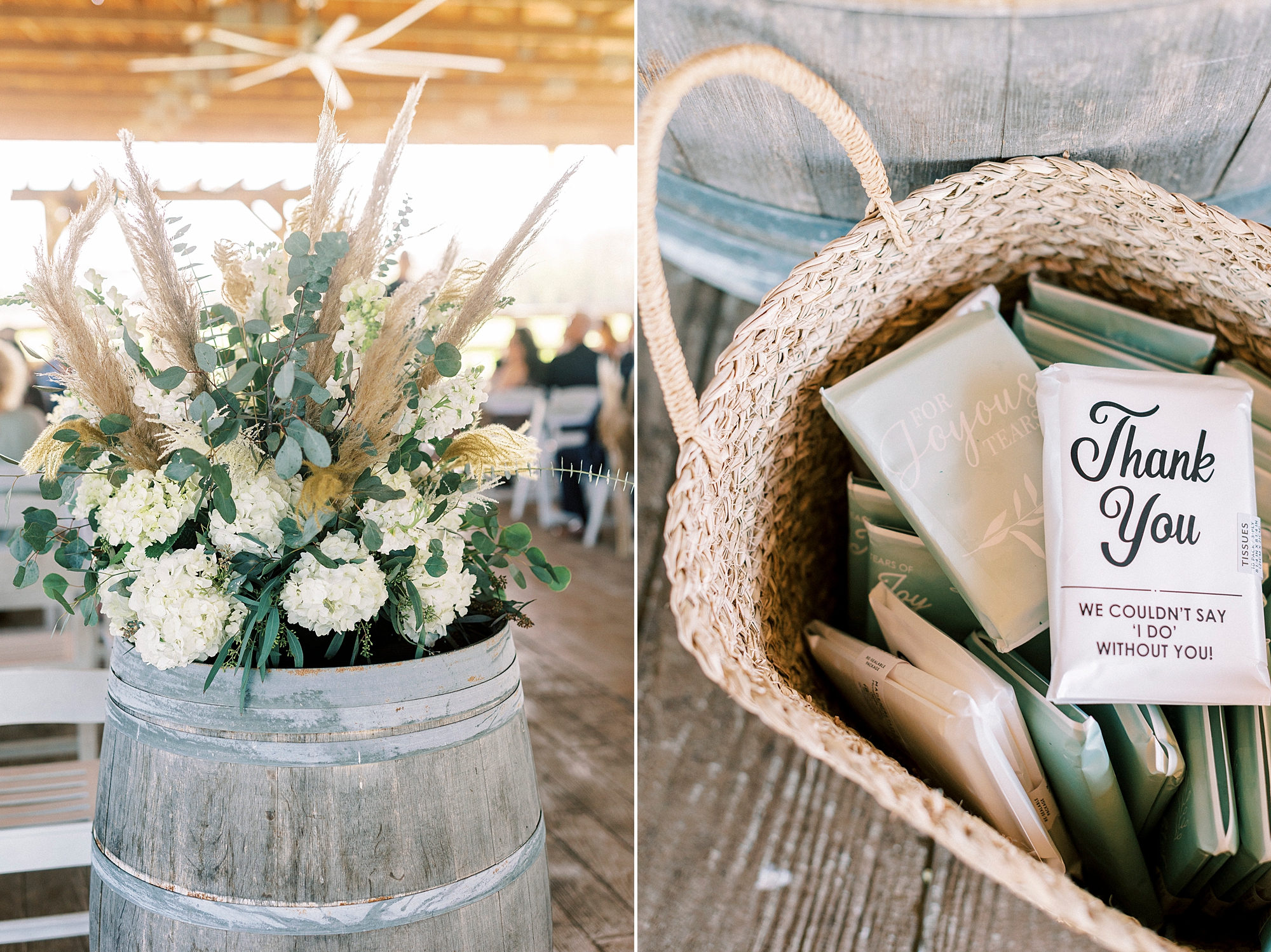 ceremony at the Farmstead with barrel with Rhodes grass and white flowers 
