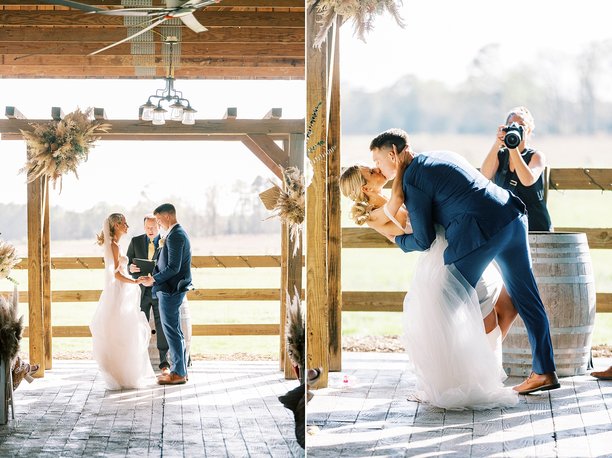 newlyweds kiss during wedding ceremony at the Farmstead
