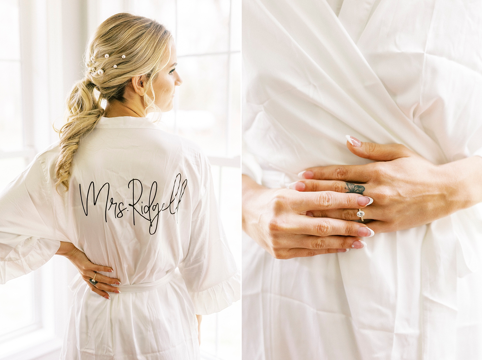 bride poses in custom robe with new name on back