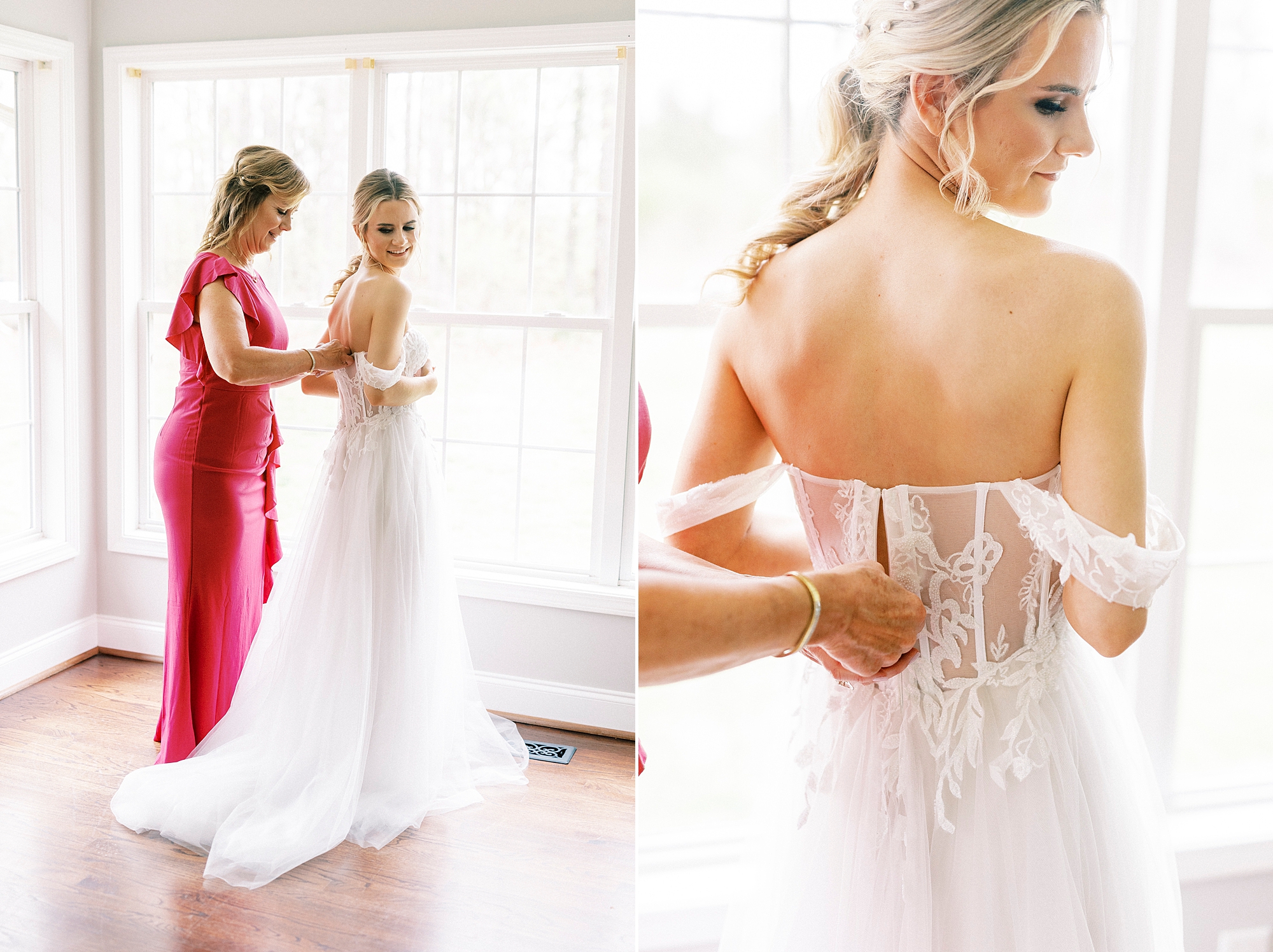 woman in red dress helps bride into corset wedding gown 