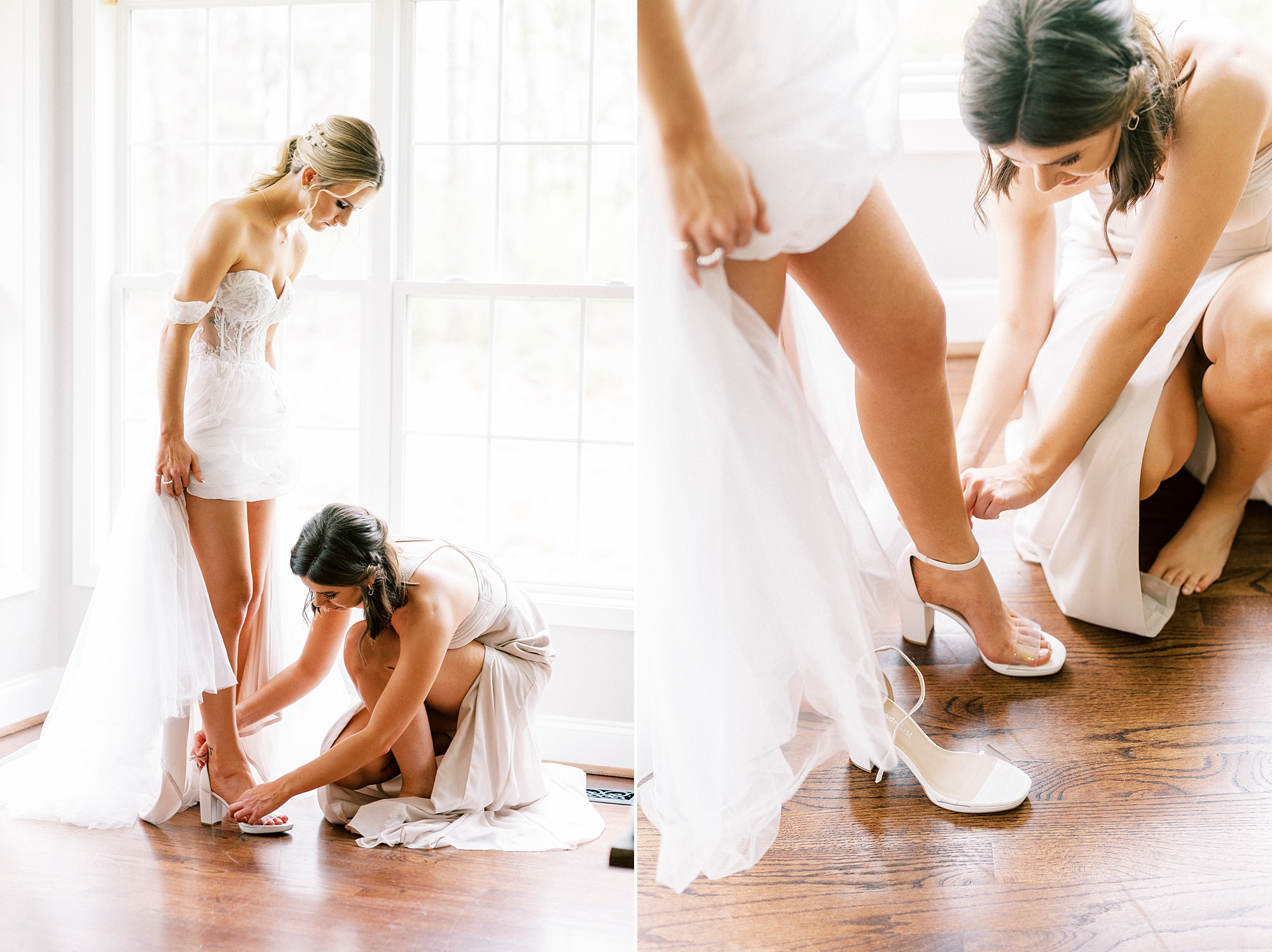 bridesmaid helps bride into shoes at The Farmstead