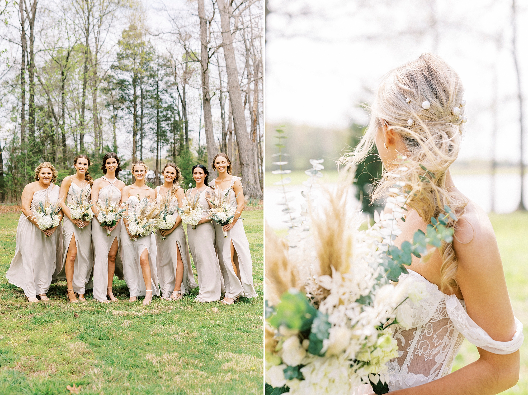 bride stands with bridesmaids in champagne gowns and country inspired bouquets 