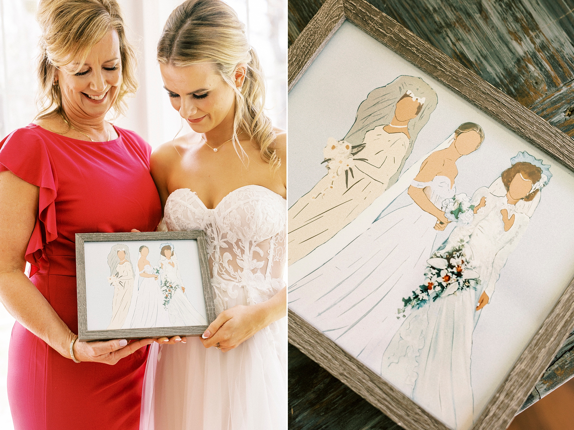 bride holds custom drawing of three generations in wedding gowns