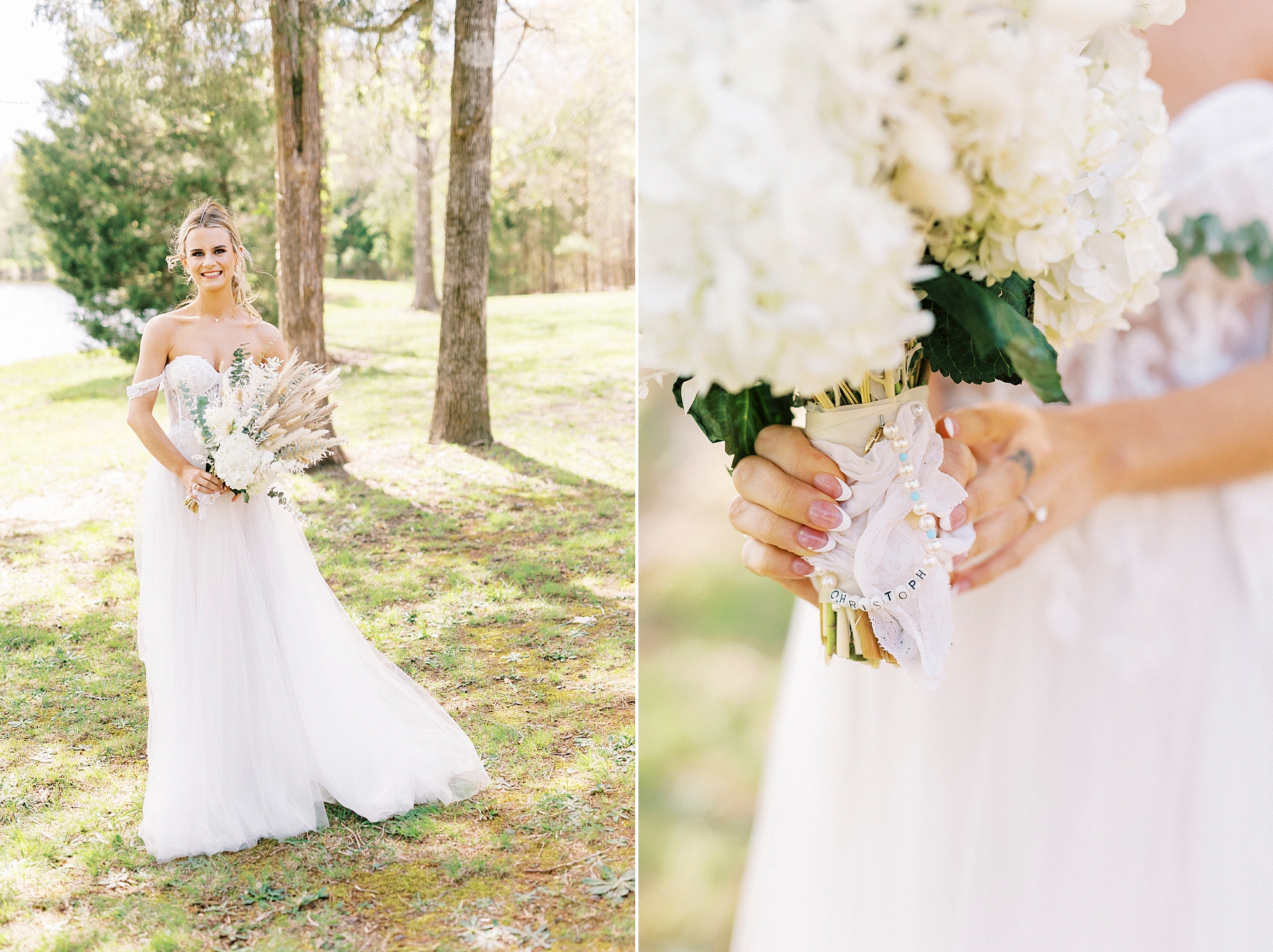 bride holds bouquet with white flowers and green leaves 