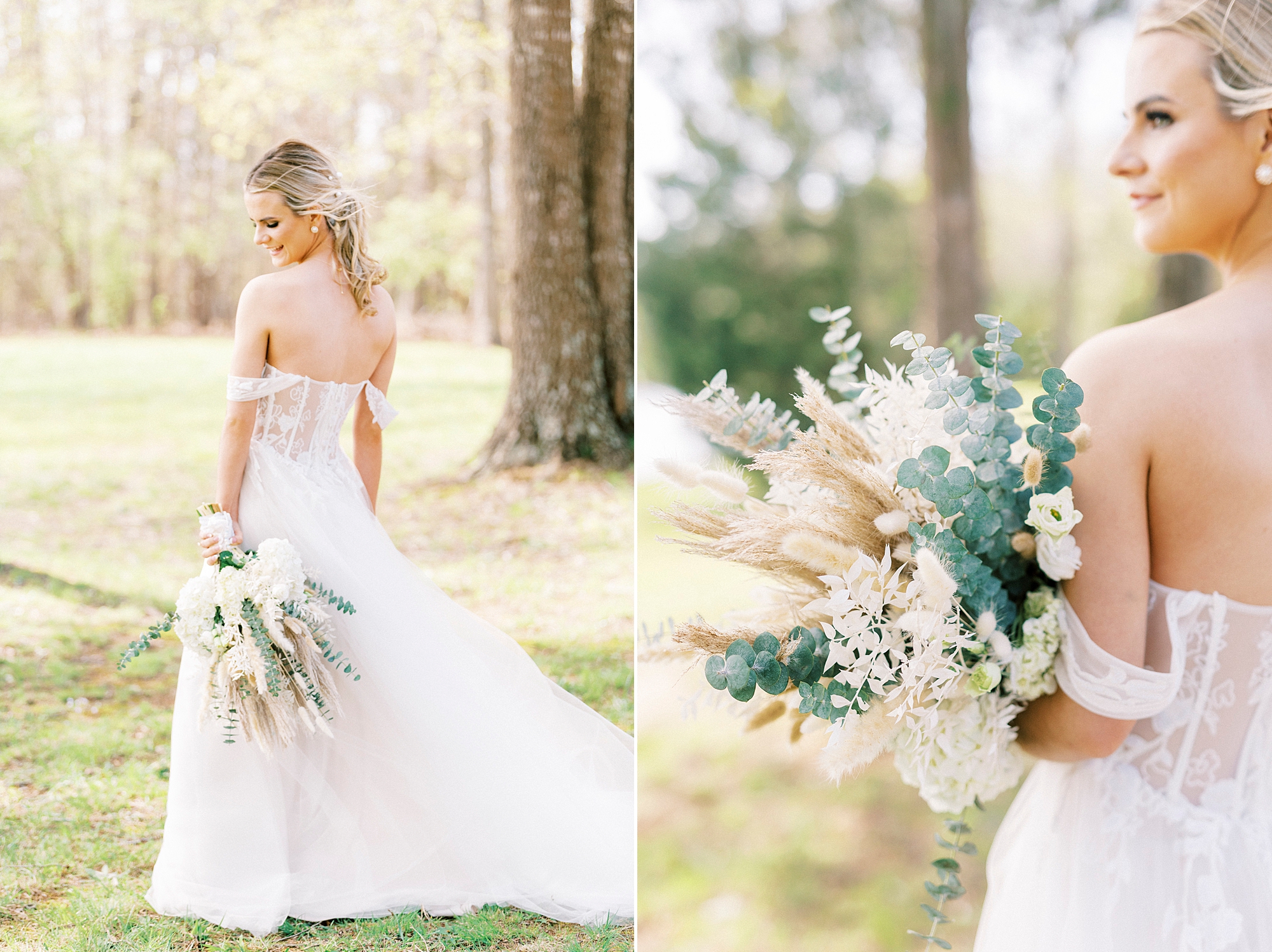 bride holds bouquet of Rhodes grass, white flowers and eucalyptus leaves