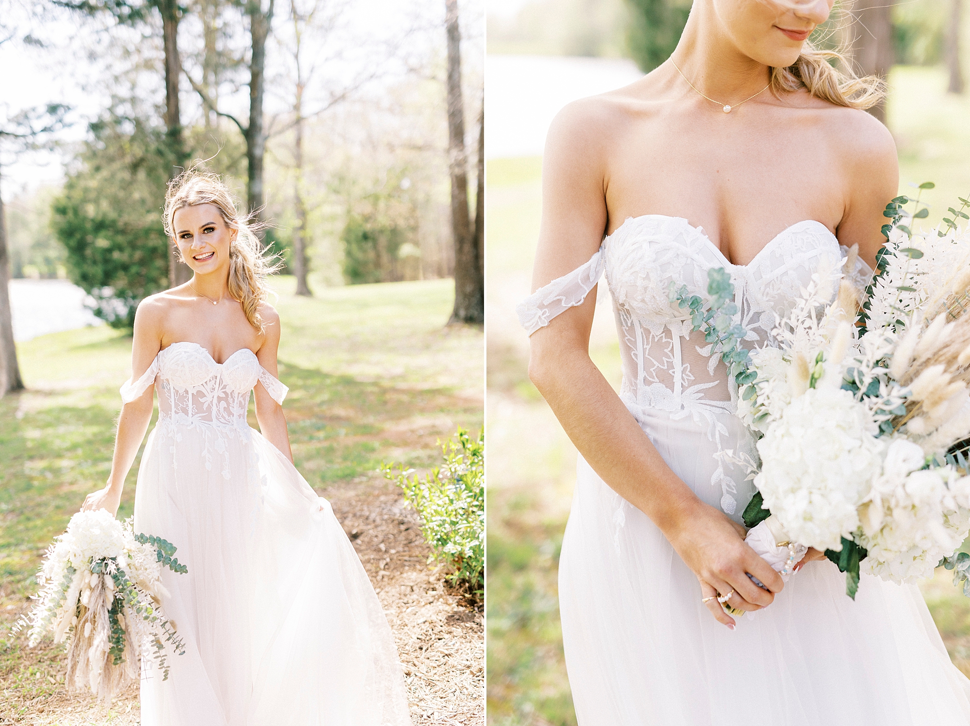 bride holds wildflower bouquet of white flowers and Rhodes grass I wedding gown with corset bodice 