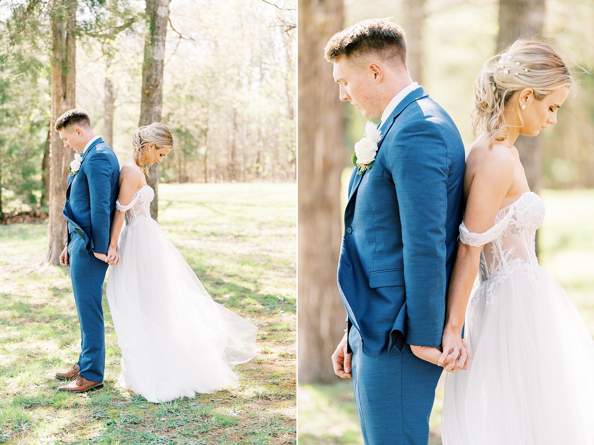 newlyweds hold hands standing back to back on lawn at The Farmstead
