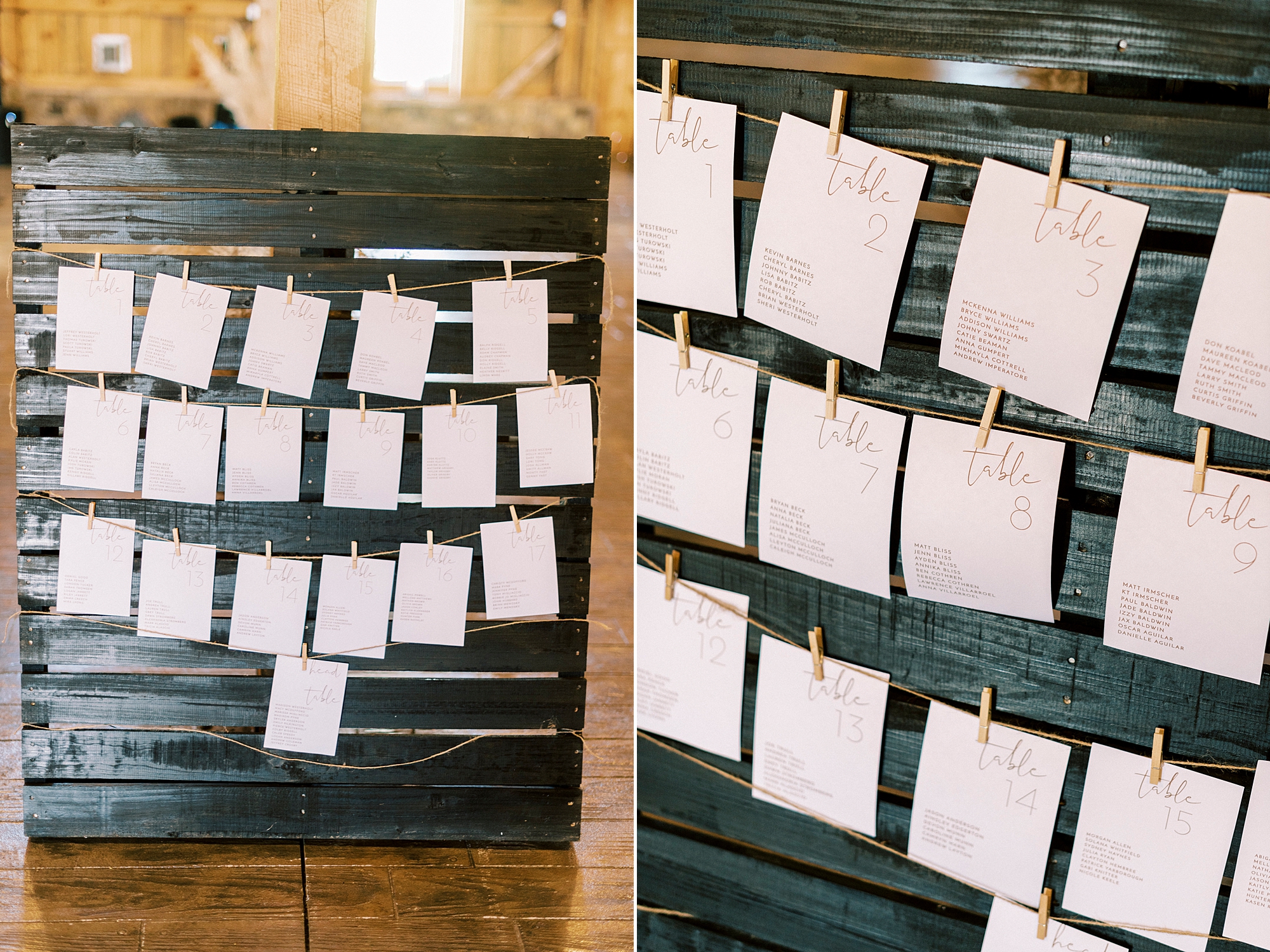 seating cards hang on twine at The Farmstead