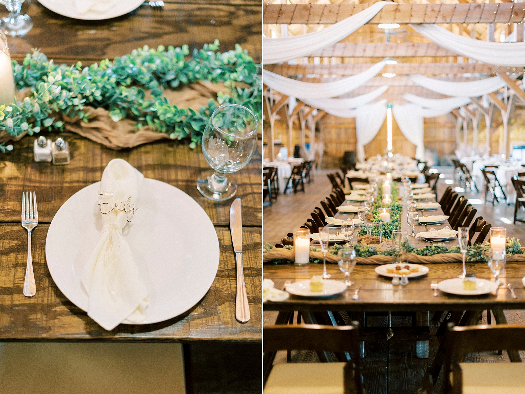 wedding reception at The Farmstead with greenery and burlap table runner