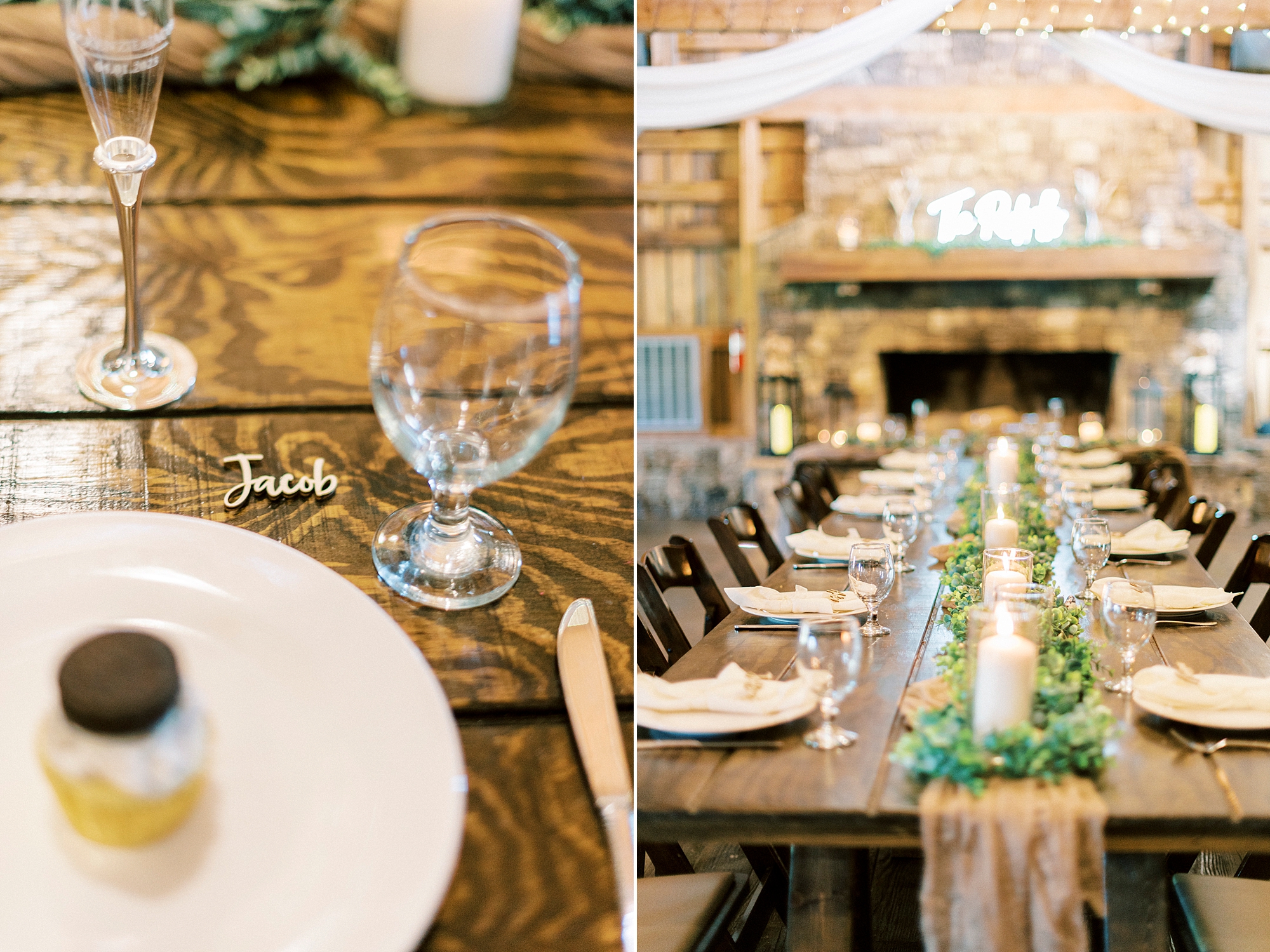 wedding reception at The Farmstead with candles and greenery table runners 