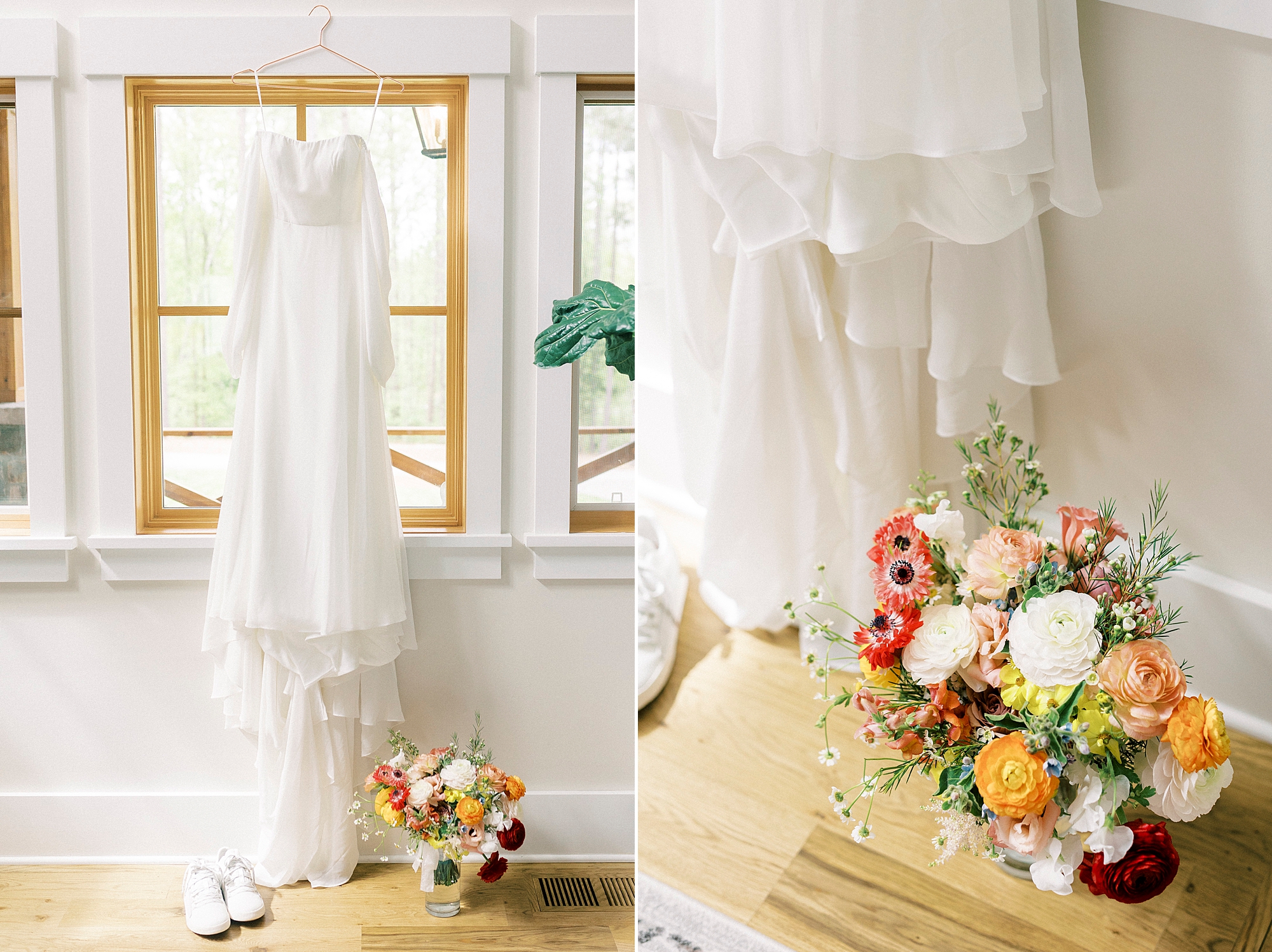 bride's wedding dress hangs in window of custom Richfield NC home