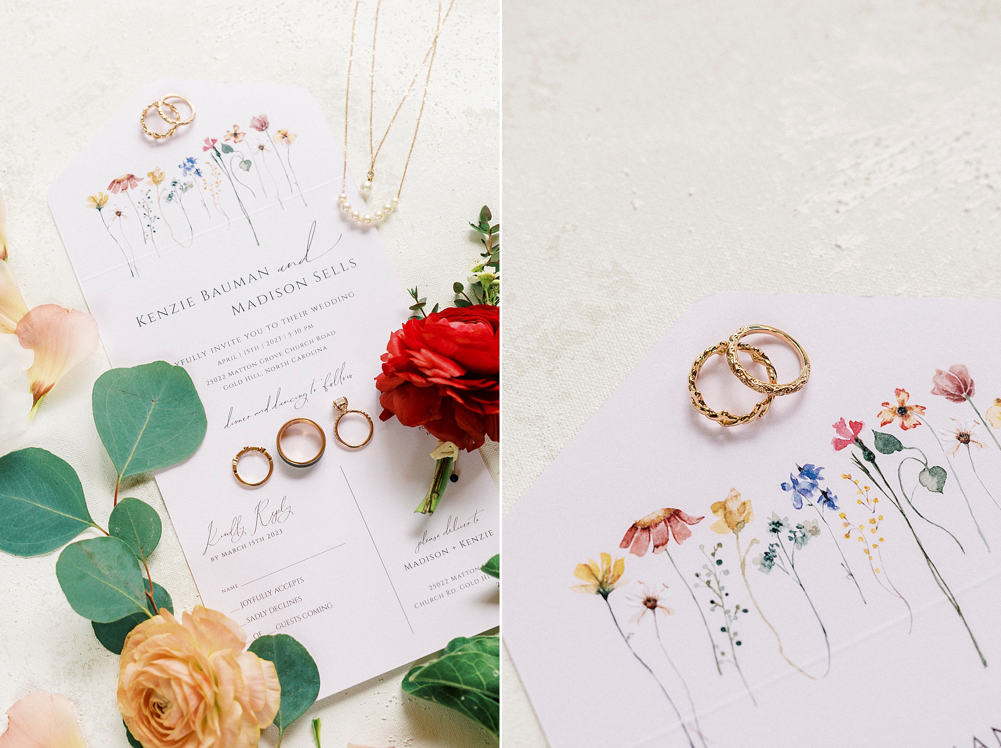 invitation suite with flower details and rose gold jewelry 